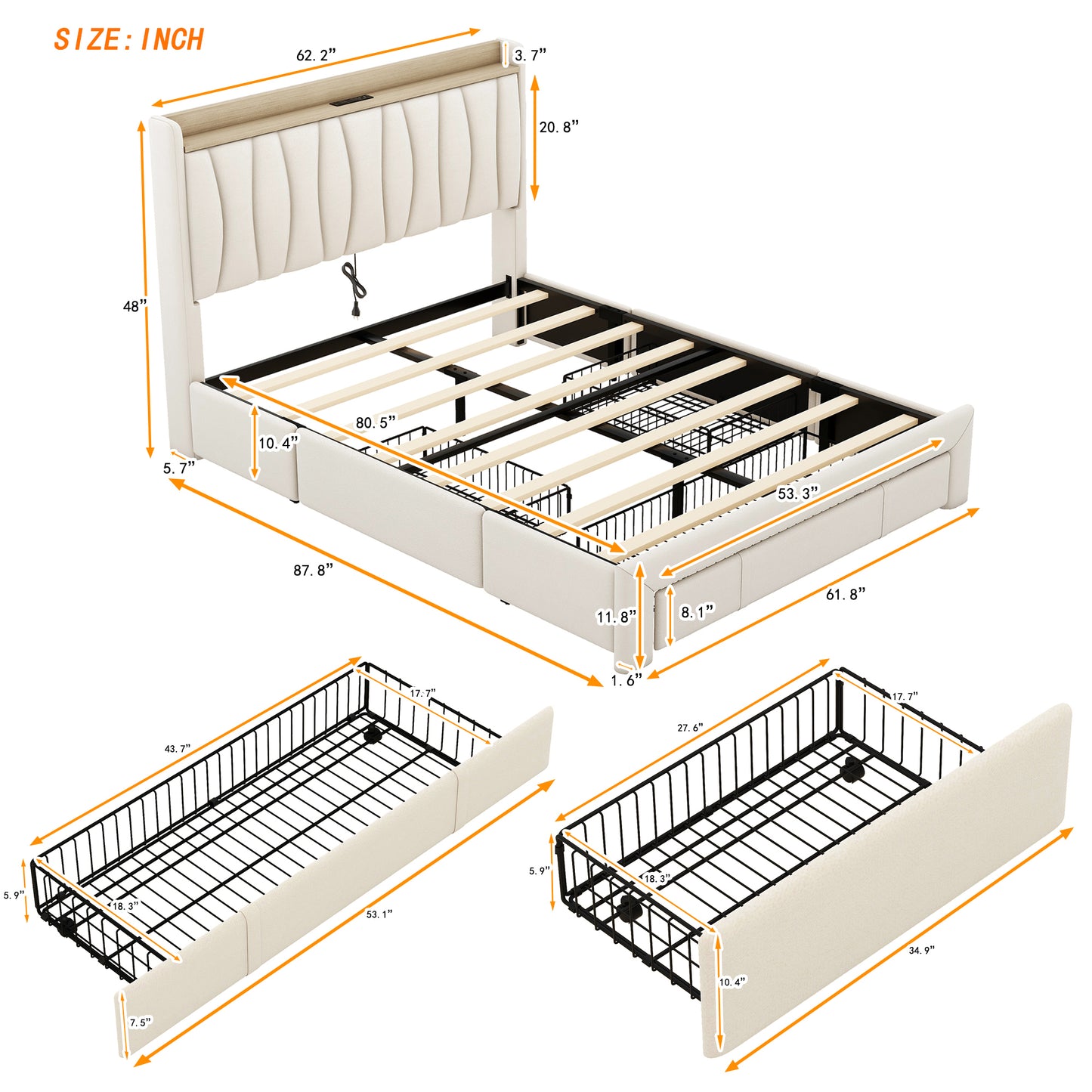 Queen Size Bed Frame with Storage Headboard and Charging Station, Upholstered Platform Bed with 3 Drawers, No Box Spring Needed, Beige