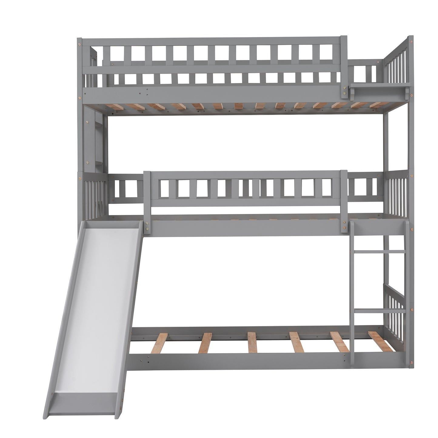 Triple Bed with Ladder, Slide, and Guardrails in Gray