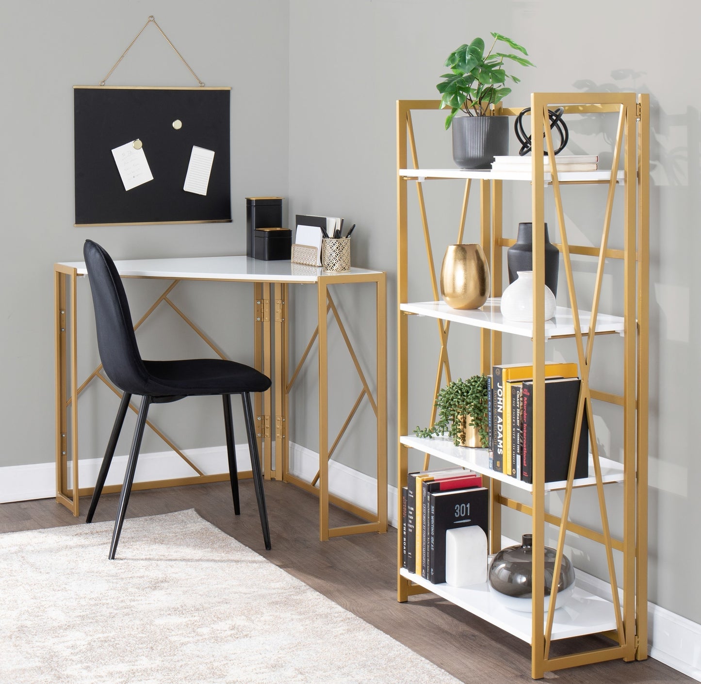 Folia Contemporary Bookcase in Gold Metal and White Wood by LumiSource