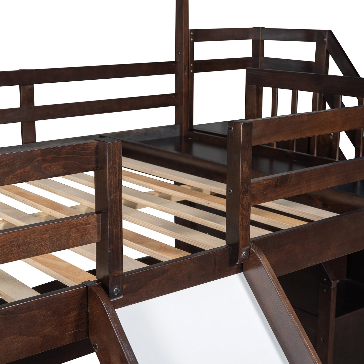 Versatile Full over Twin & Twin Bunk Bed in Espresso with Slide and Storage Staircase