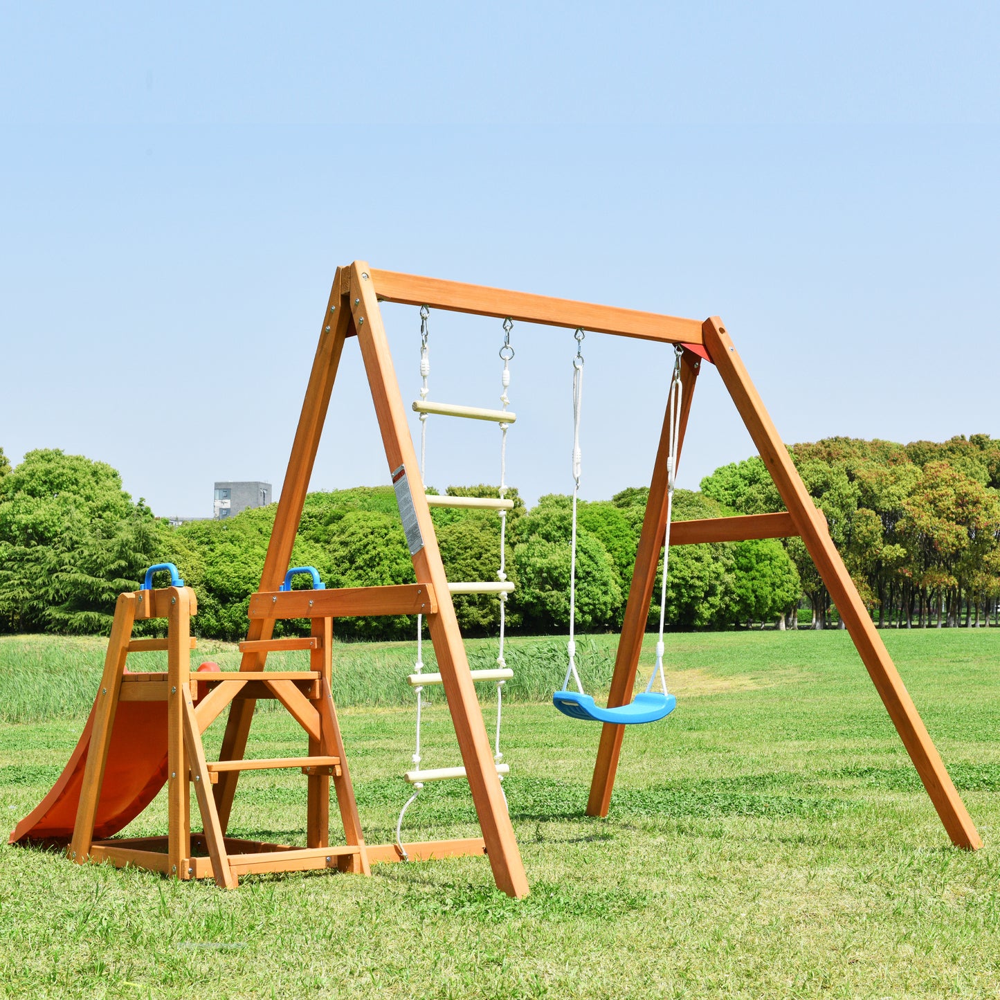 Wooden Outdoor Swing Set with Slide, Climbing Rope Ladder, and Swing for Kids