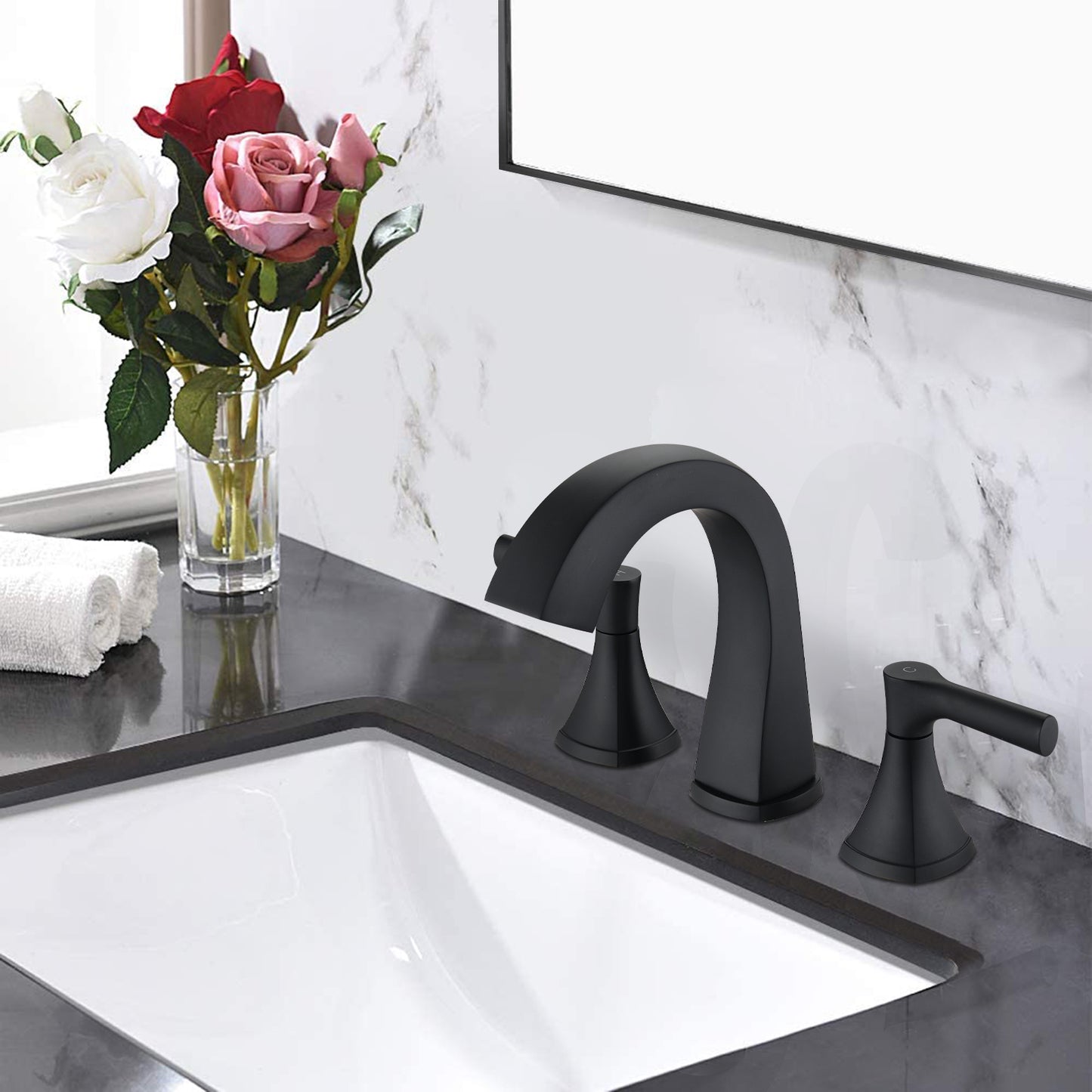 Elegant Matte Black Two-Handle Bathroom Sink Faucet with Drain Assembly