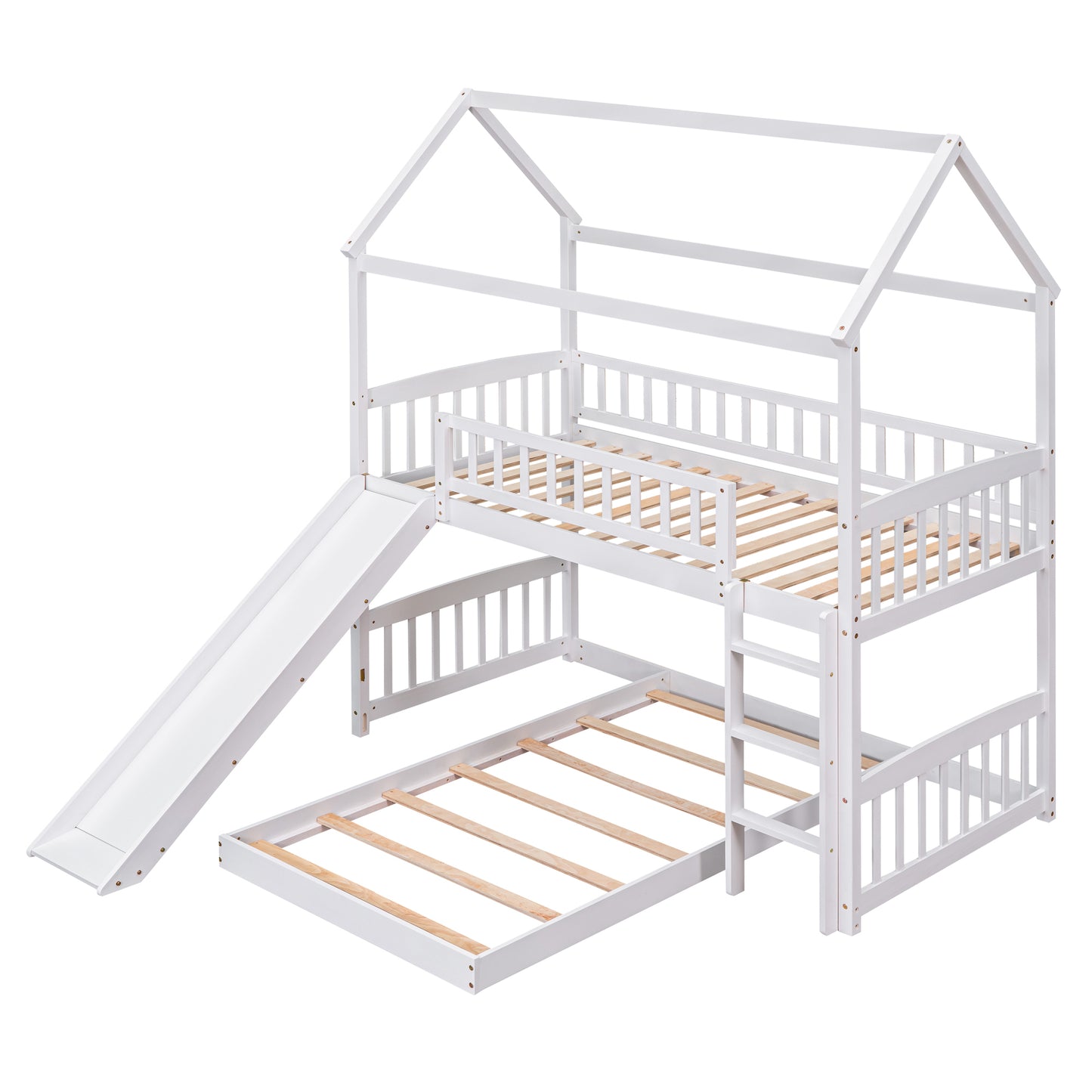 White Twin Over Twin Bunk Bed with Slide and Playhouse