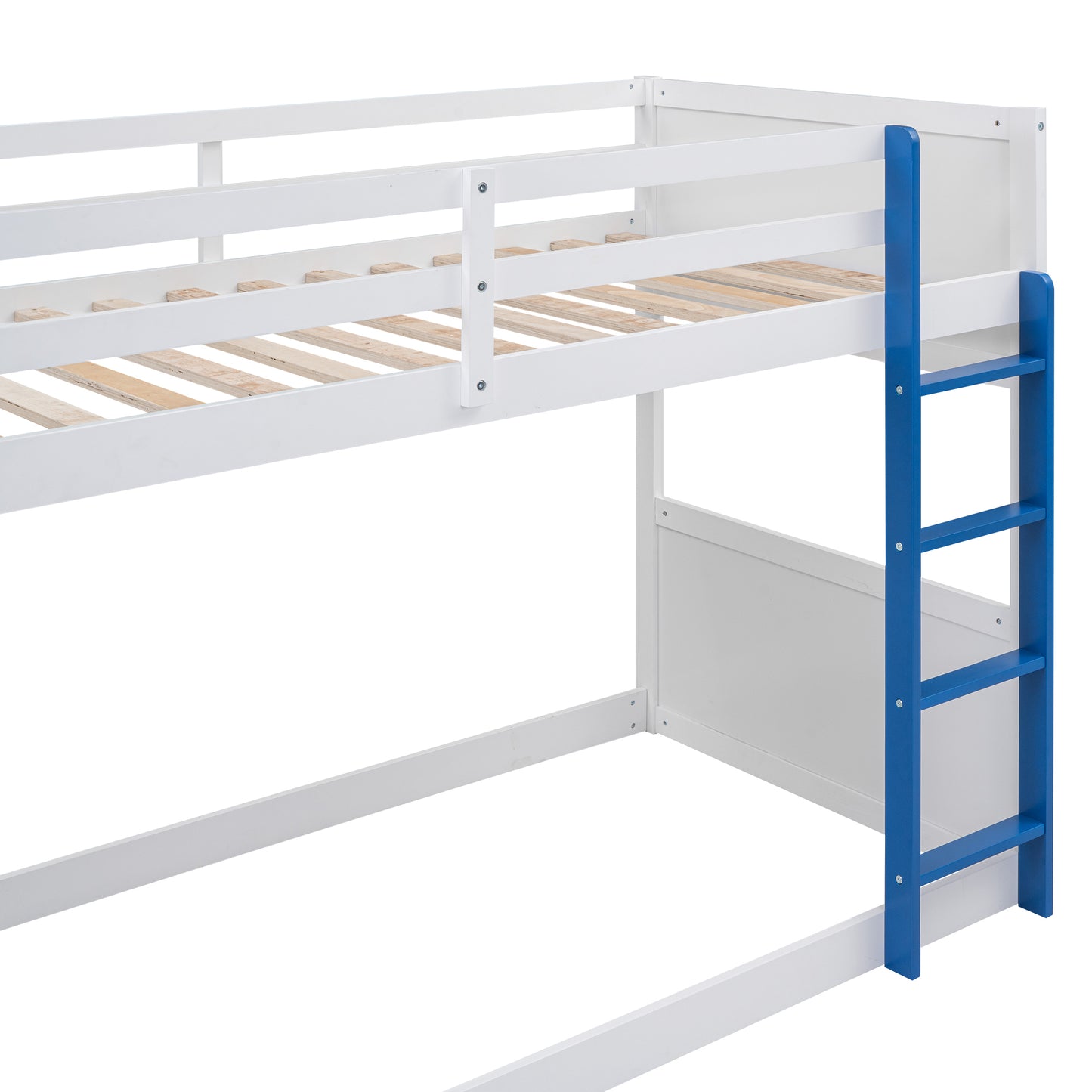 White and Blue Boat-Inspired Twin over Twin Bunk Bed with Storage Shelves