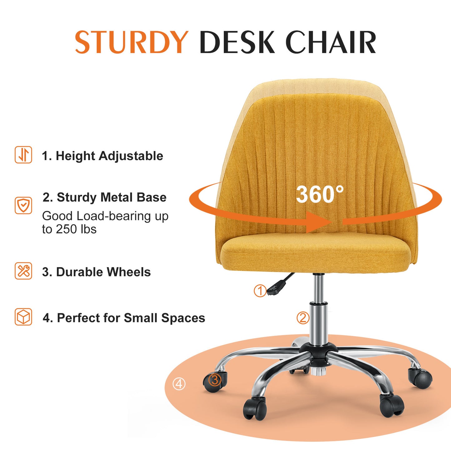 Sweetcrispy Armless Home Office  Desk Chair with Wheels Adjustable Swivel Task Computer Vanity Chair for Small Spaces