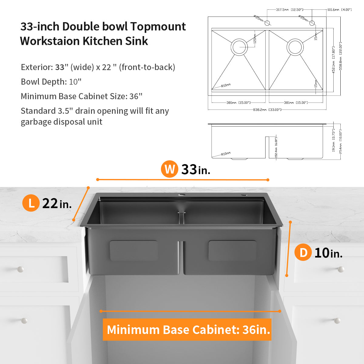 Gunmetal Black 33-Inch Topmount Workstation Kitchen Sink Stainless Steel Double Bowl