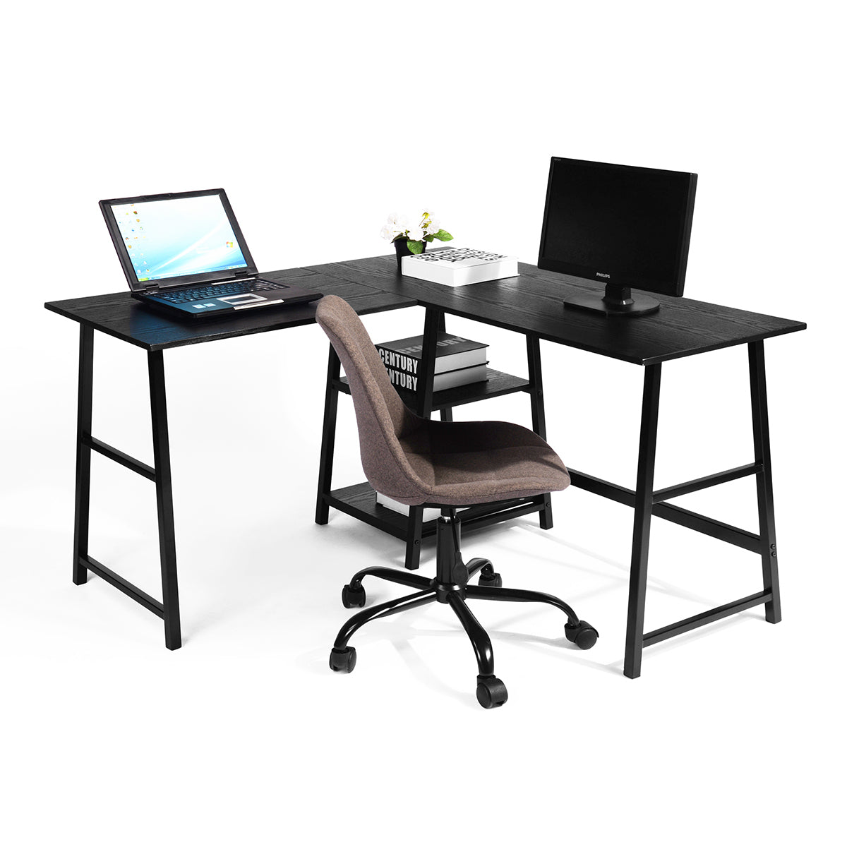 Black L-Shaped Corner Desk with Open Shelves, 43.5W X 27.6 D