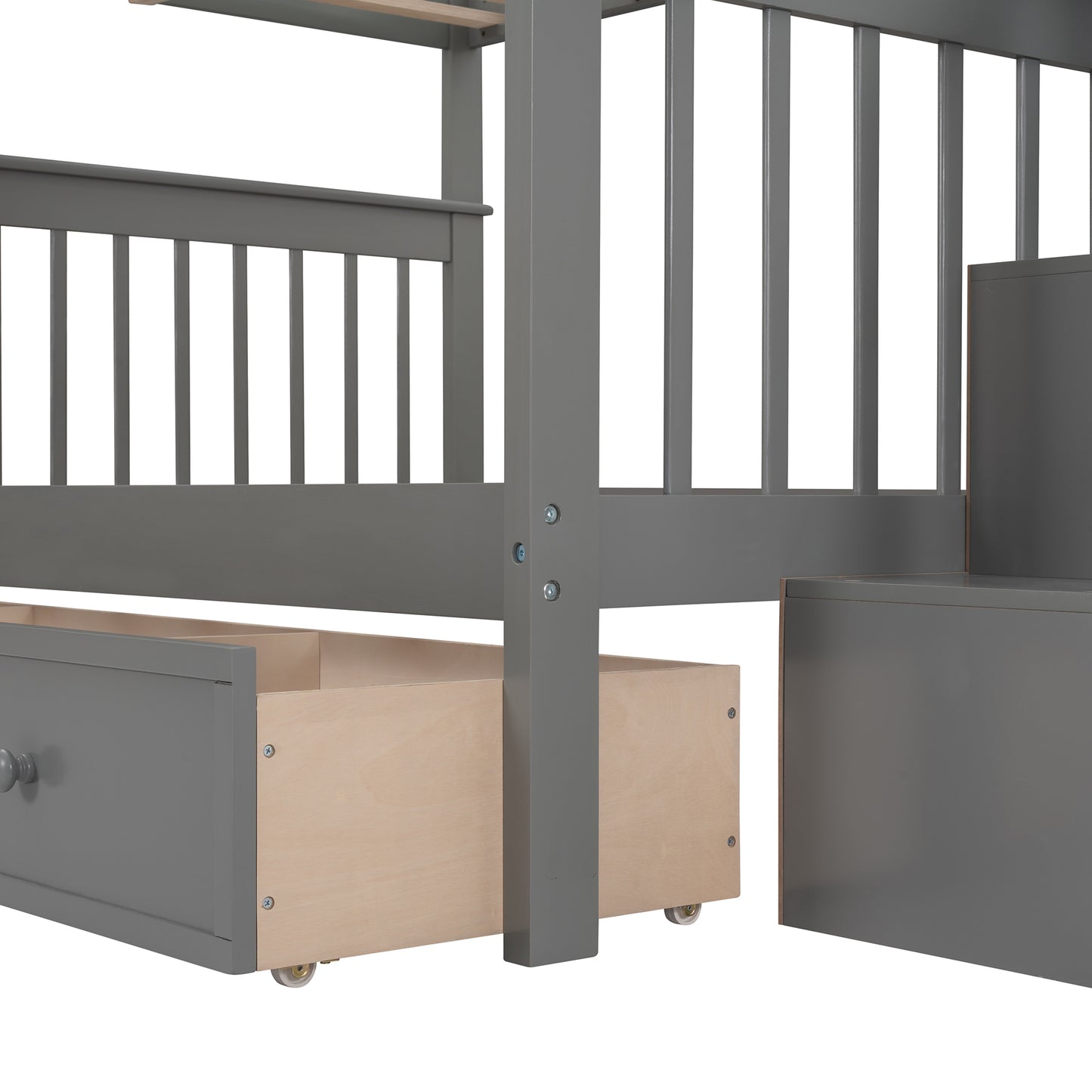 Gray Full-Over-Full Bunk Bed with Staircase, Drawer, and Storage