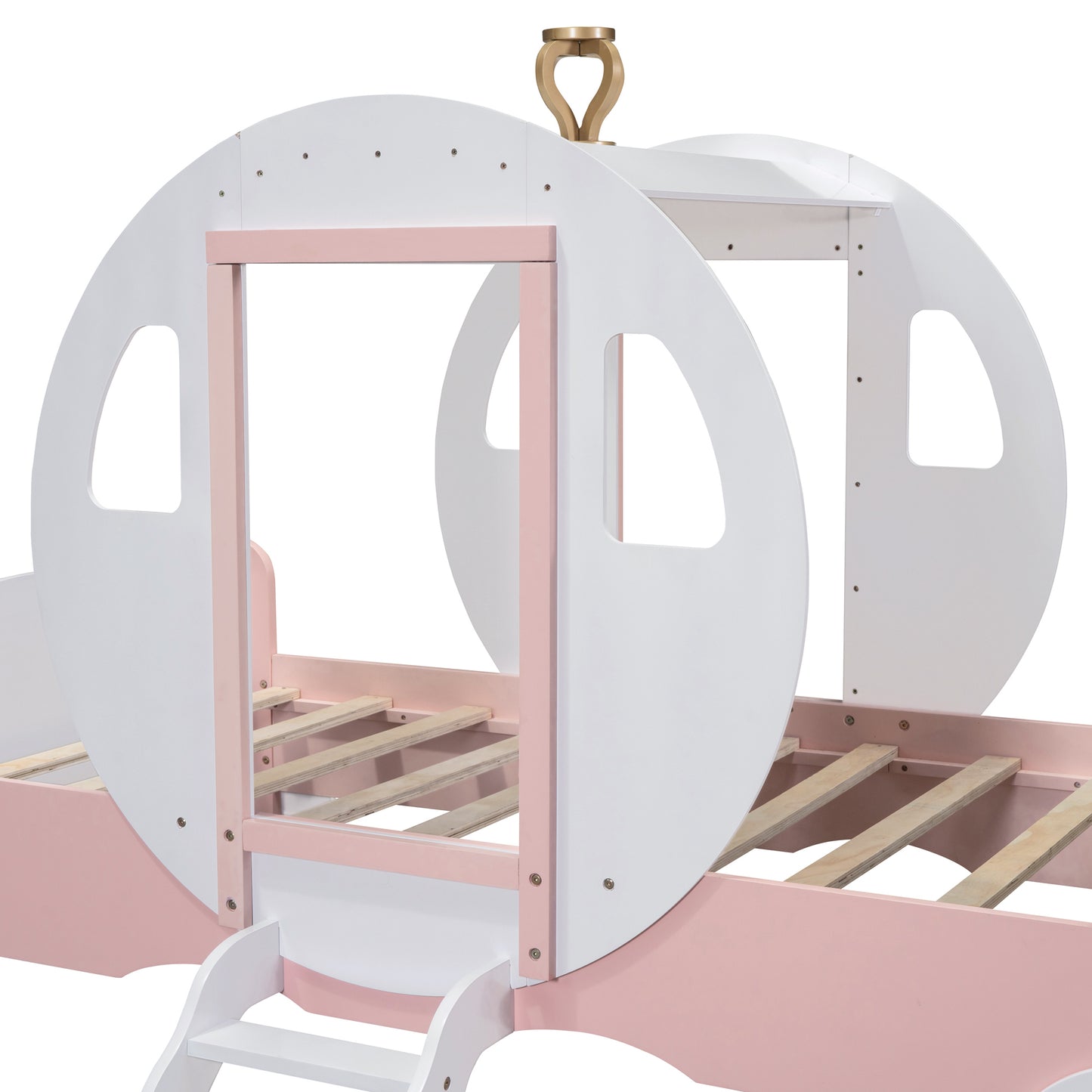 Twin size Princess Carriage Bed with Crown ,Wood Platform Car Bed with Stair,White+Pink