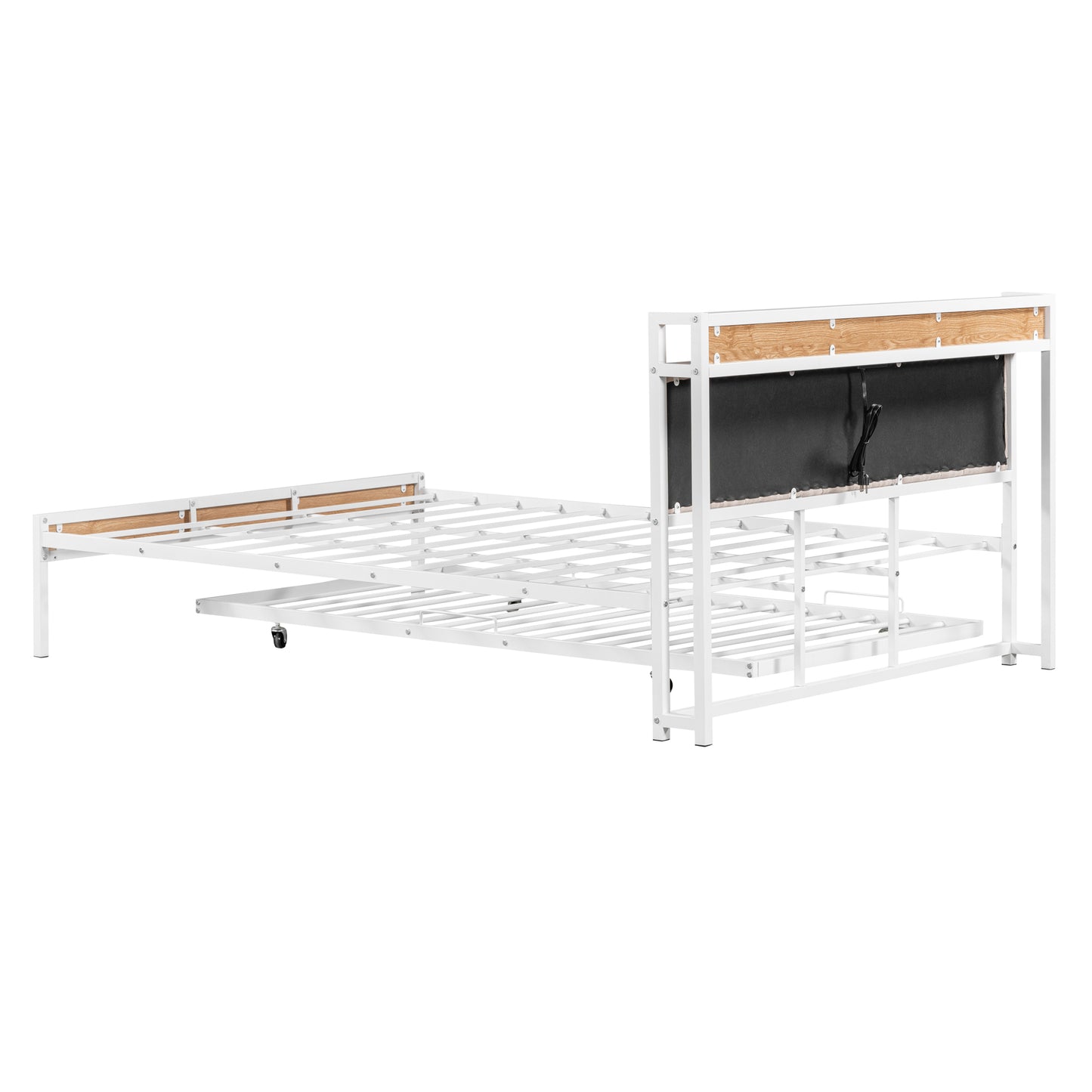 Queen Size Metal Platform Bed Frame with Twin size trundle, Upholstered headboard, Sockets, USB Ports and Slat Support, No Box Spring Needed, White