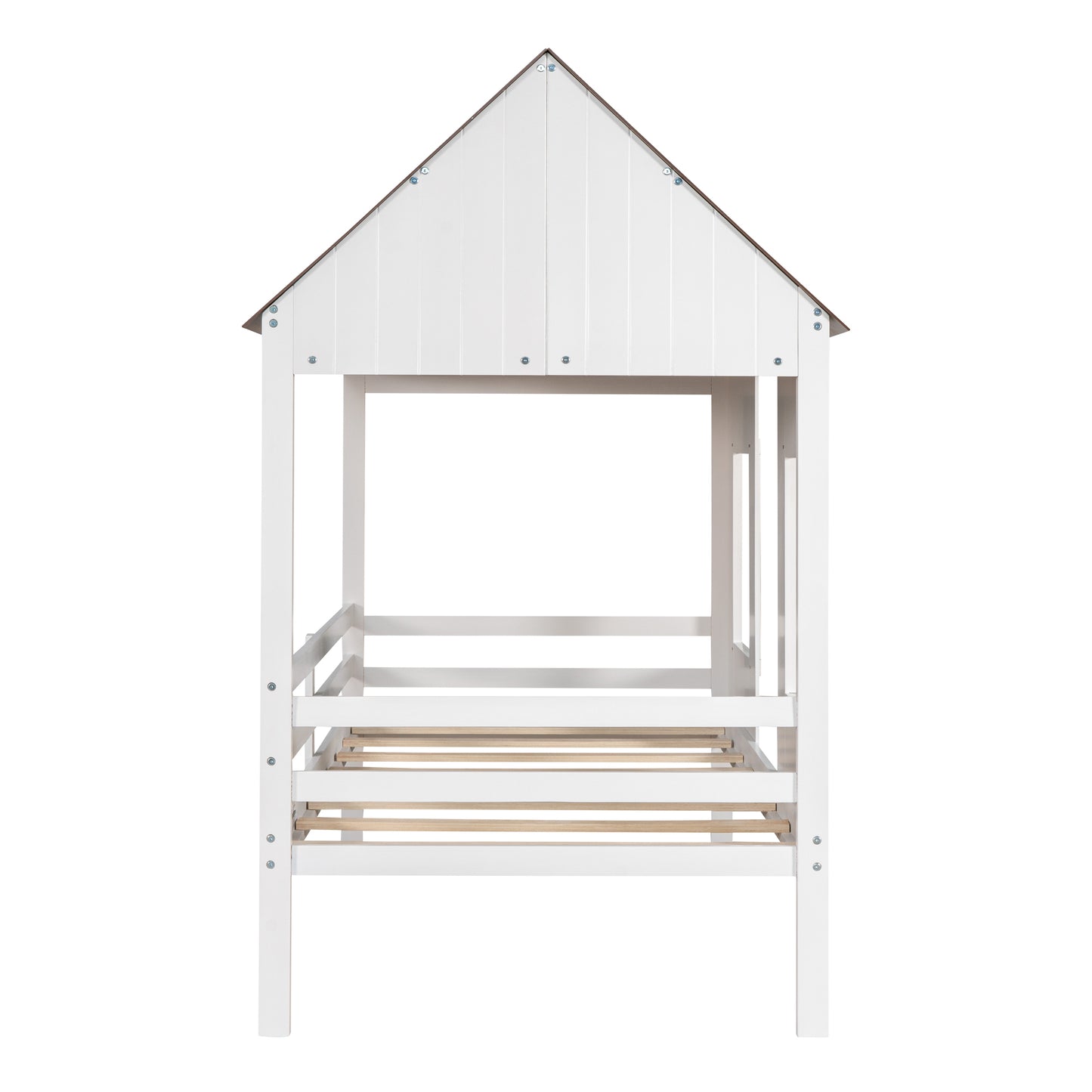 Twin Size Low Loft Wood House Bed with Two Front Windows, (White+Brown Roof)(OLD SKU:LP000039AAH)