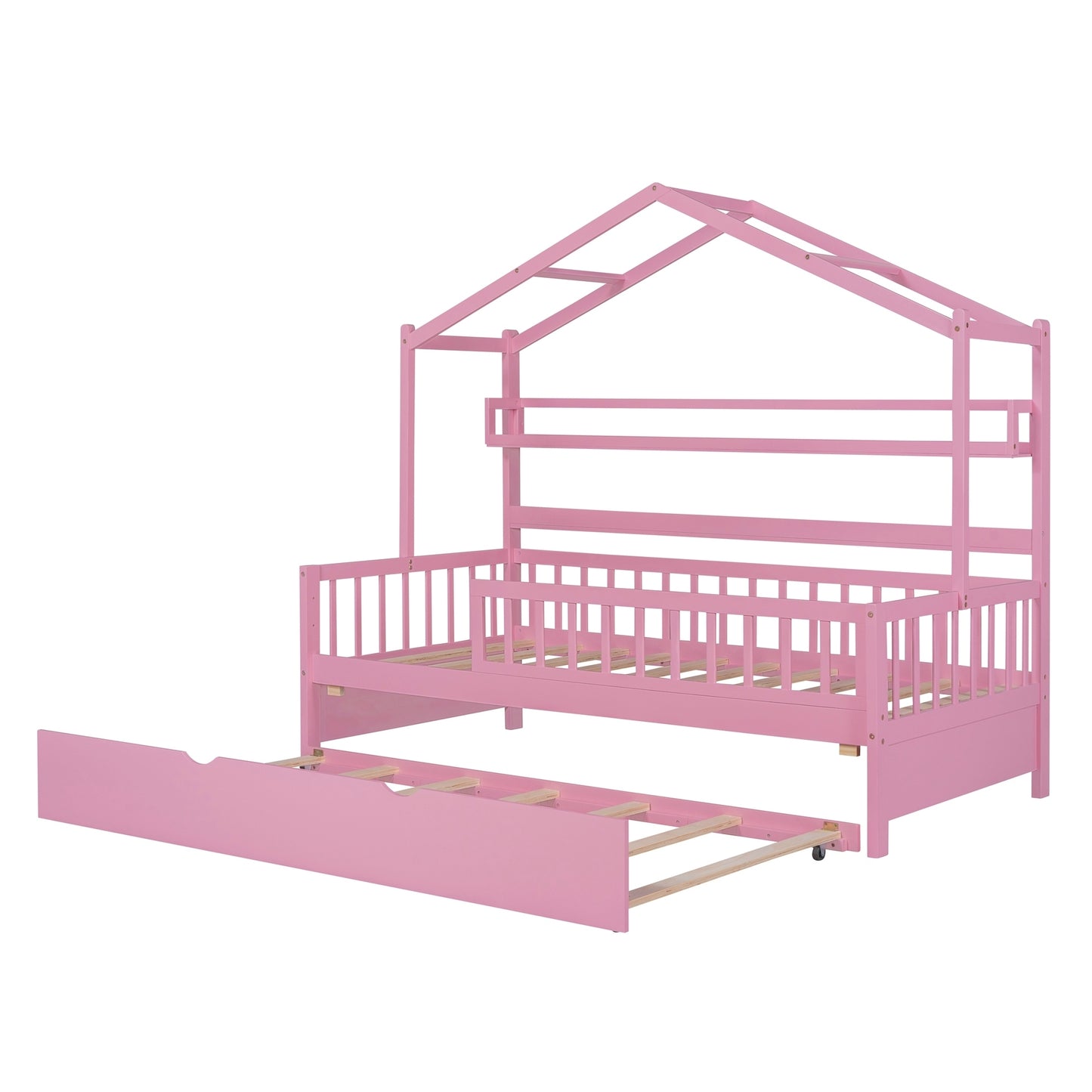 Wooden Twin Size House Bed with Trundle,Kids Bed with Shelf, Pink