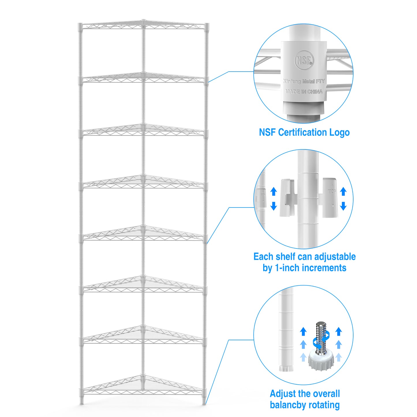 8 Tier Triangles Corners Wire Shelving Unit, NSF Height Adjustable Metal Storage Shelves, Heavy Duty Storage Wire Rack Metal Shelves - 82" H x 20" L x 20" D - White