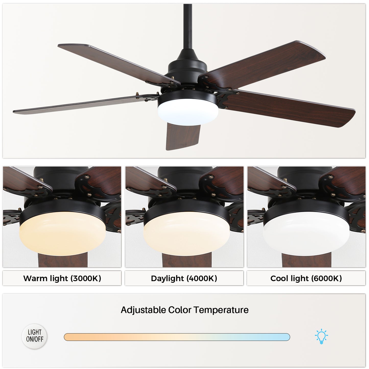 Modern 42 Inch Ceiling Fan with Remote Control and Dimmable LED Light