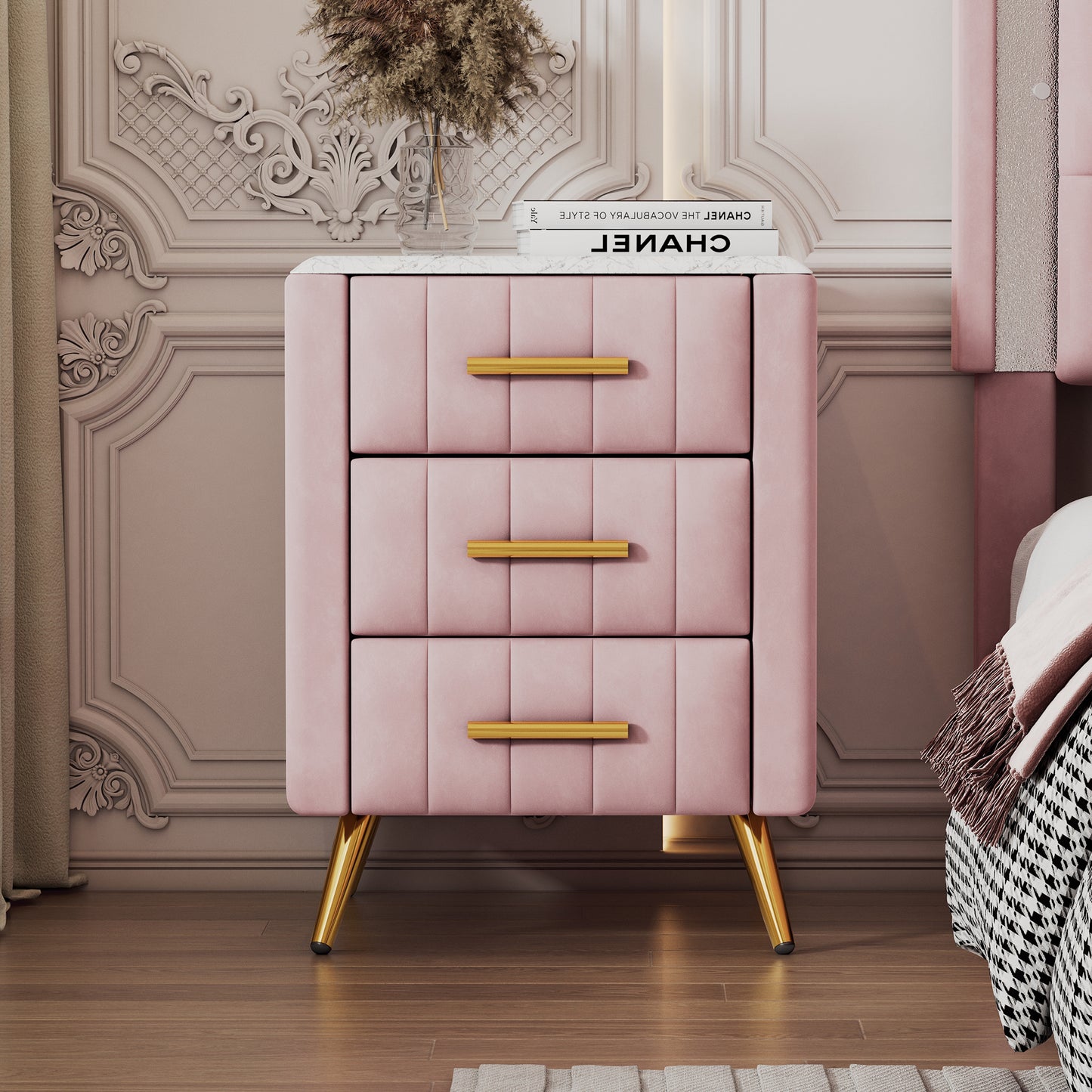 Upholstered Wooden Nightstand with 3 Drawers and Metal Legs&Handles,Fully Assembled Except Legs&Handles,Bedside Table with Marbling Worktop - Pink