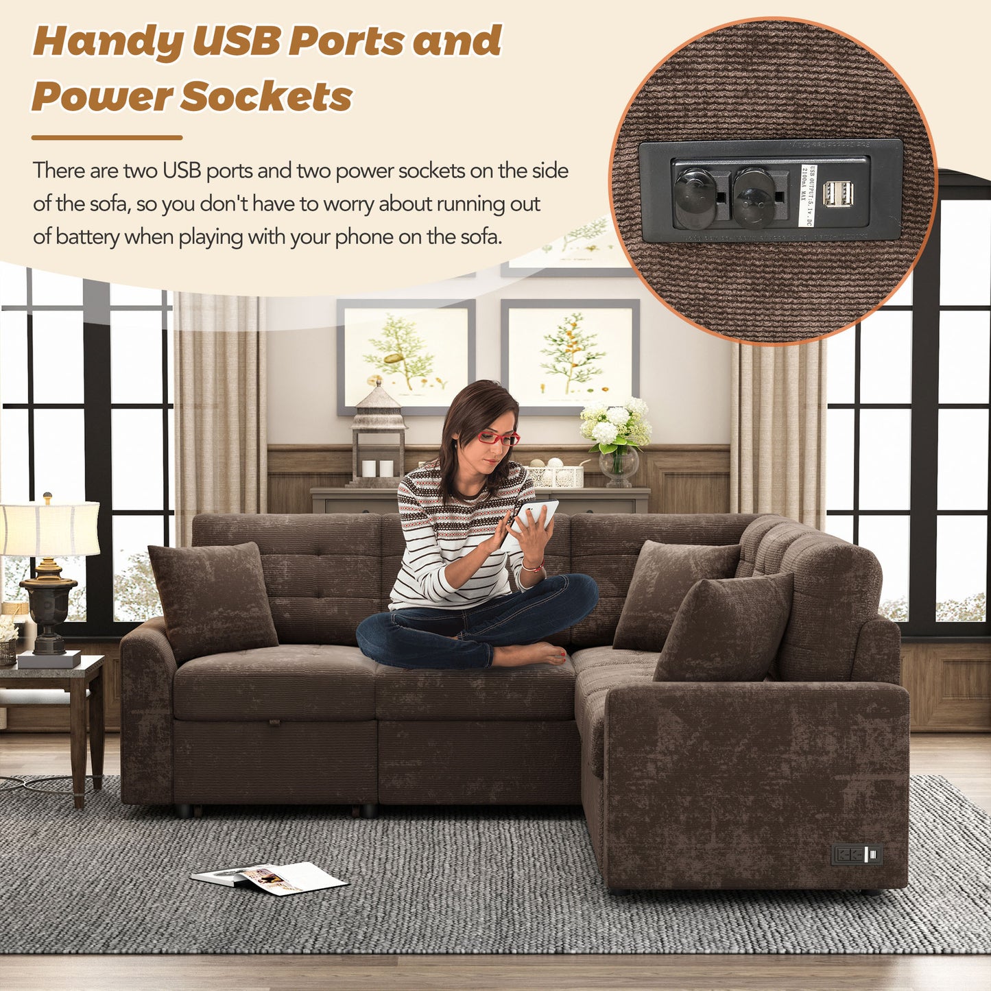 Convertible L-Shape Sleeper Sofa with USB Ports and Power Sockets, Brown