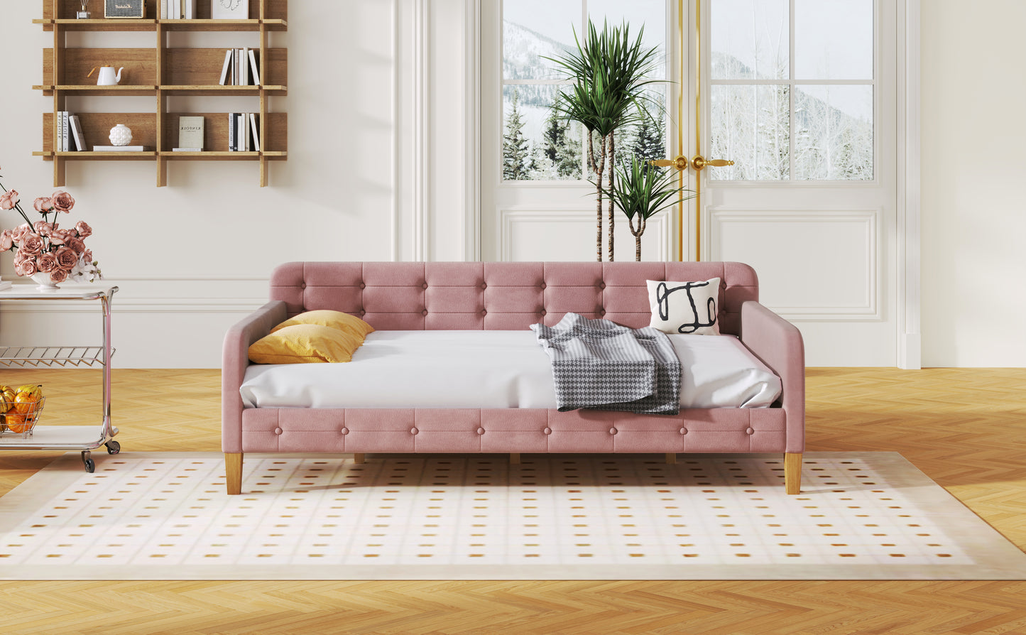 Full Size Upholstered Daybed with 4 Support Legs,Pink