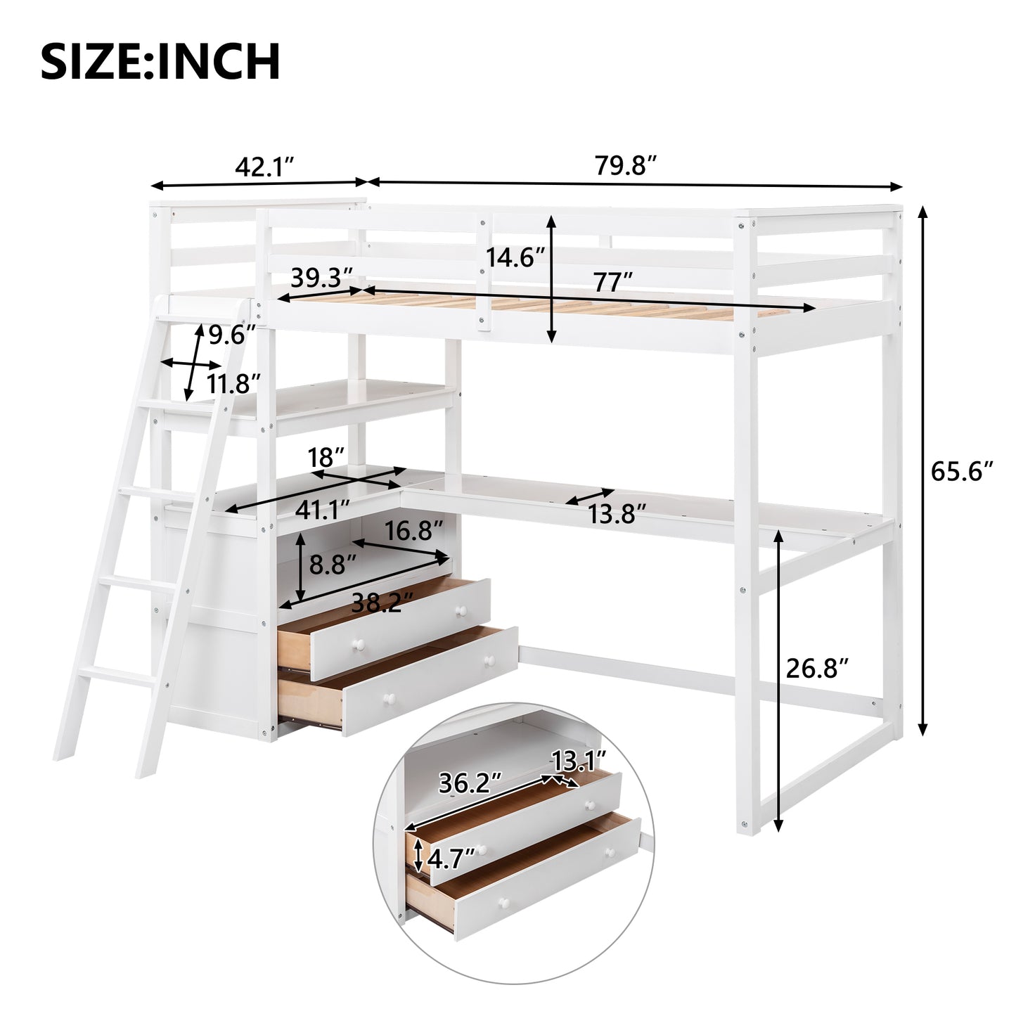 Twin Size Loft Bed with Desk and Shelves, Two Built-in Drawers, White(: GX000423AAK)