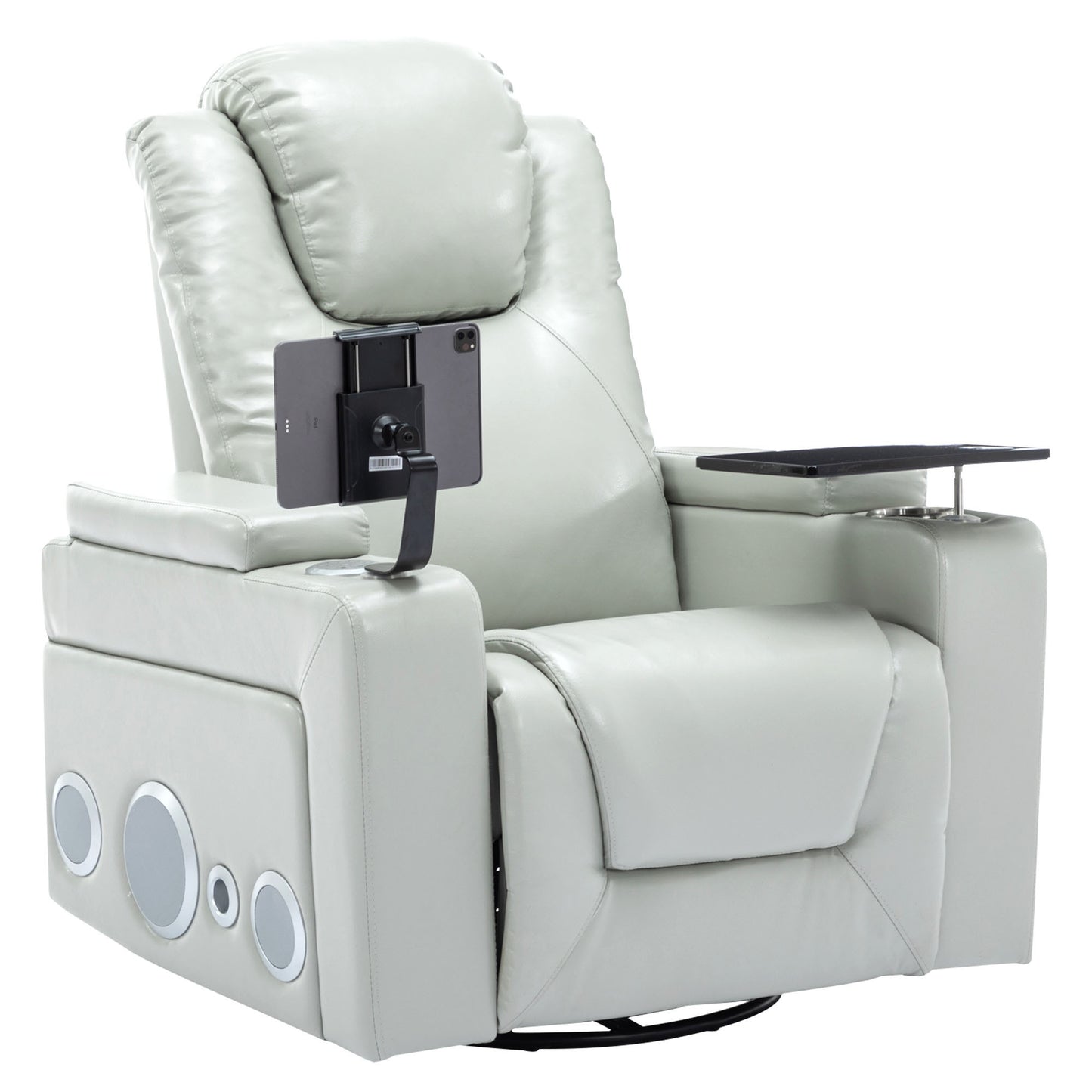 Luxurious Grey PU Leather Power Recliner with Surround Sound and Storage.