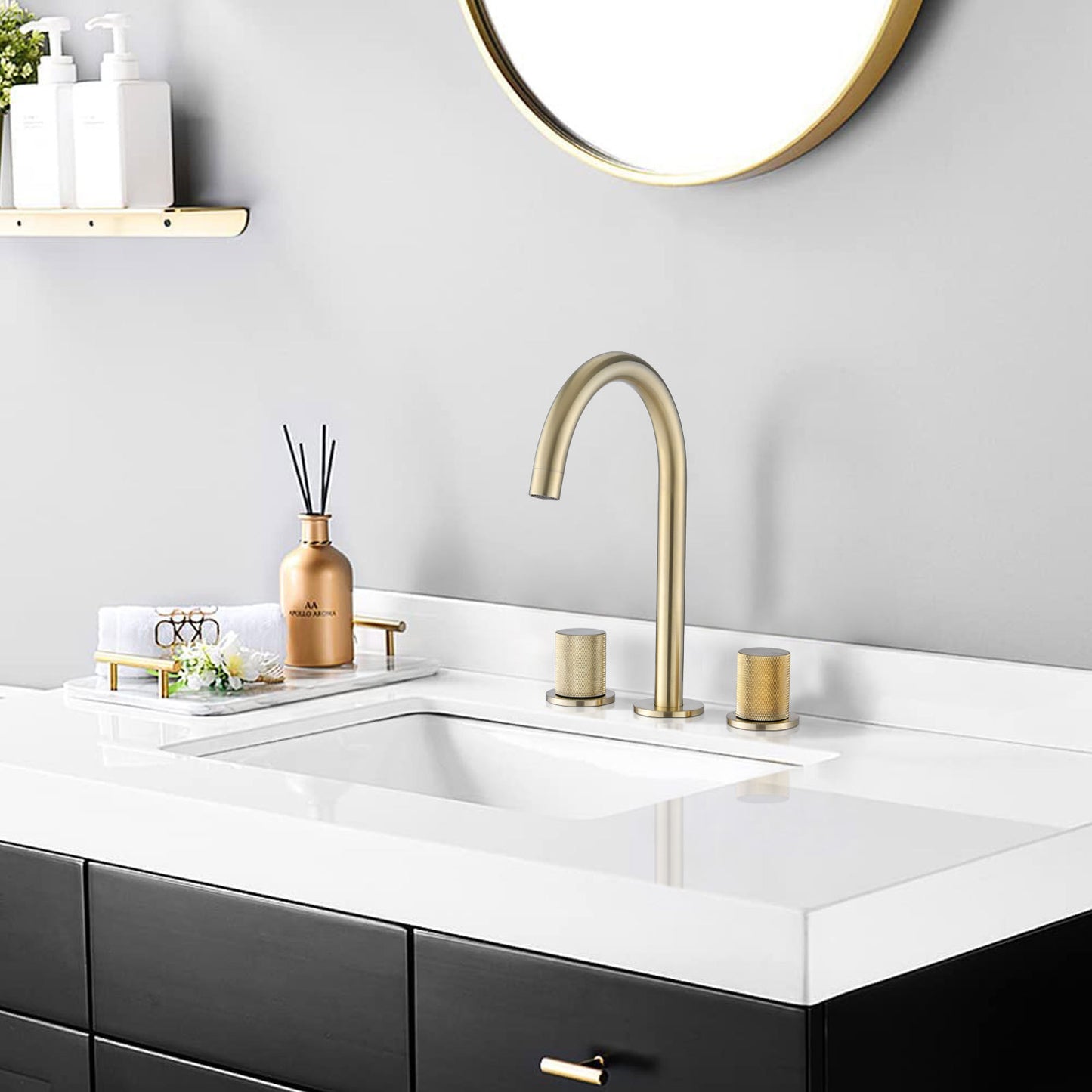 Golden Brushed Two Handles Widespread 8 Inch Bathroom Faucet