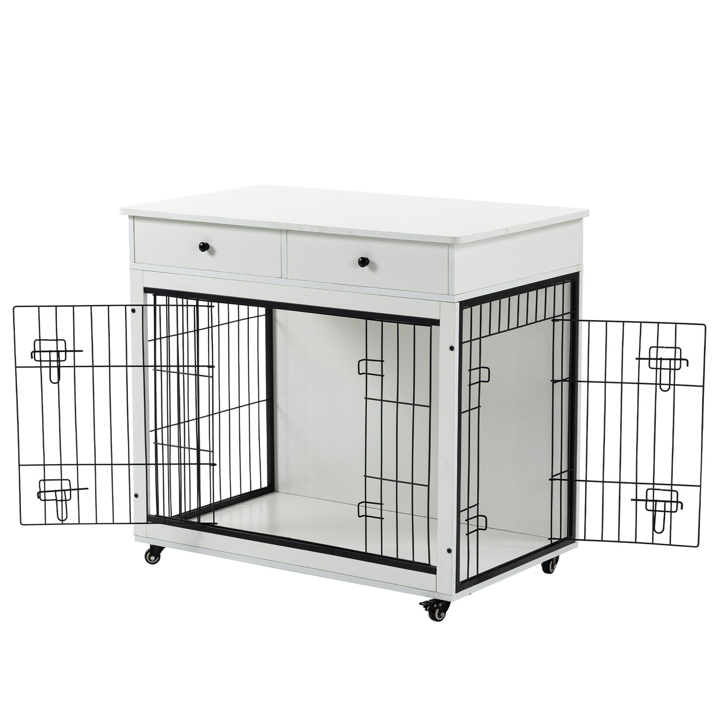 Dog Crate Furniture, Wooden Dog House, Decorative Dog Kennel with Drawer, Indoor Pet Crate End Table for Small Dog, Steel-Tube Dog Cage, Chew-Proof, White 31.7" L×23.2" W×33" H