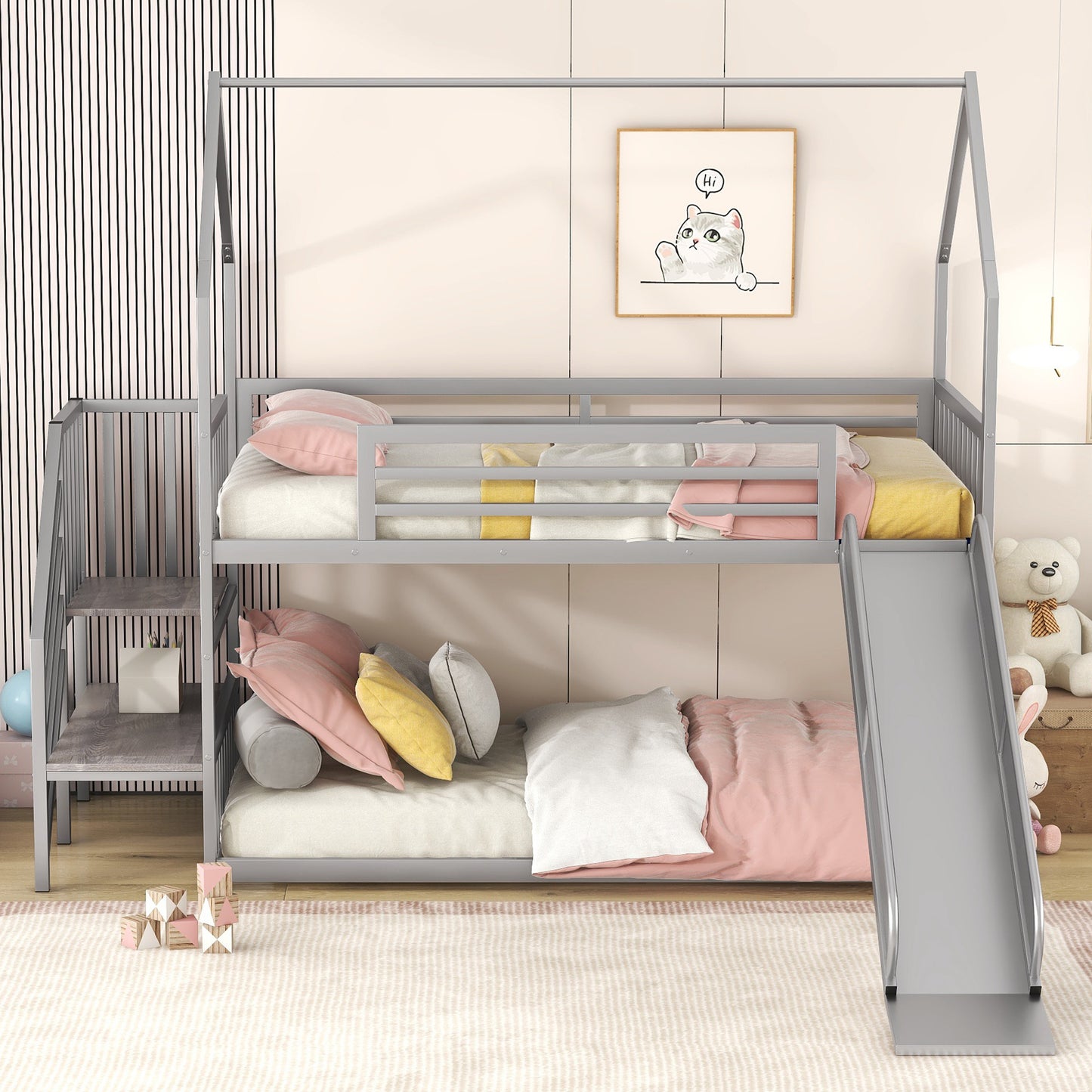 House-Shaped Silver Metal Twin Bunk Bed with Slide, Staircase, and Storage