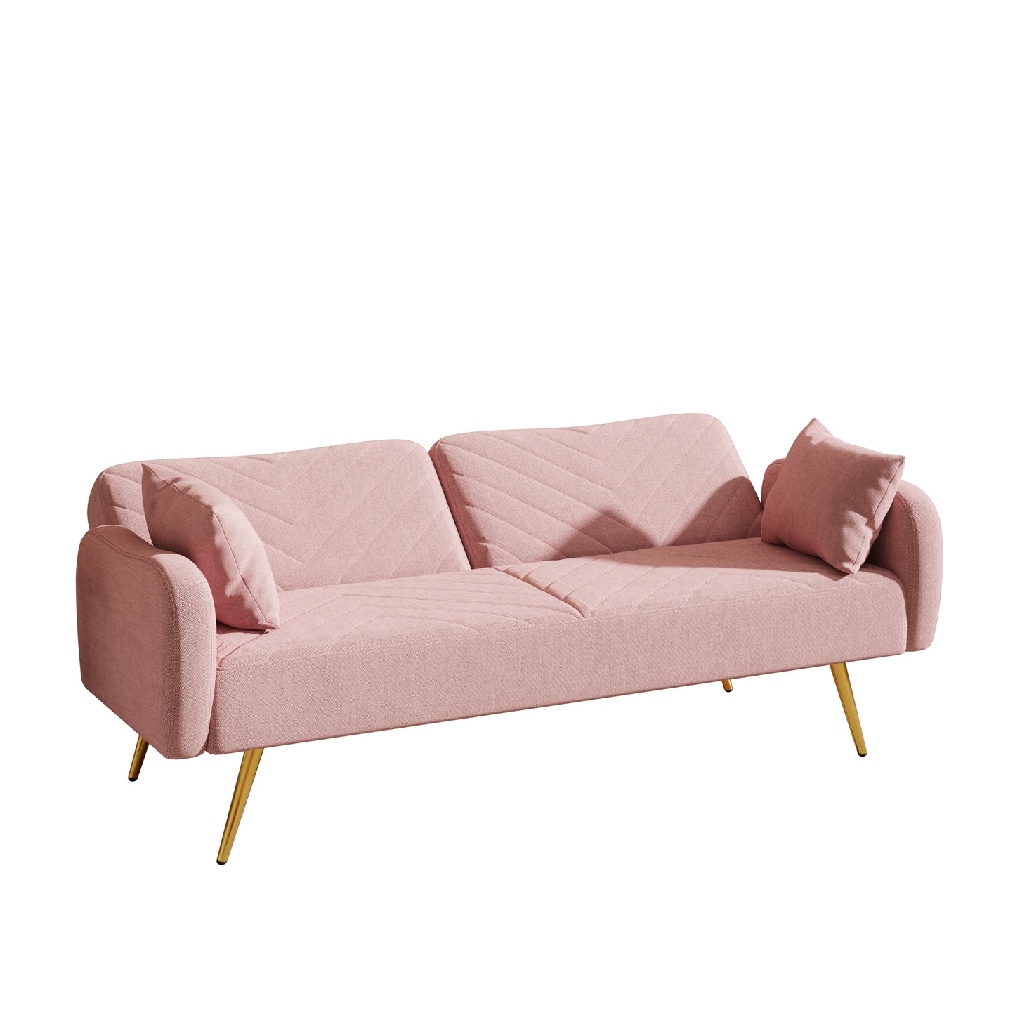 Pink Fabric Double Sofa with Adjustable Split Backrest and Two Throw Pillows