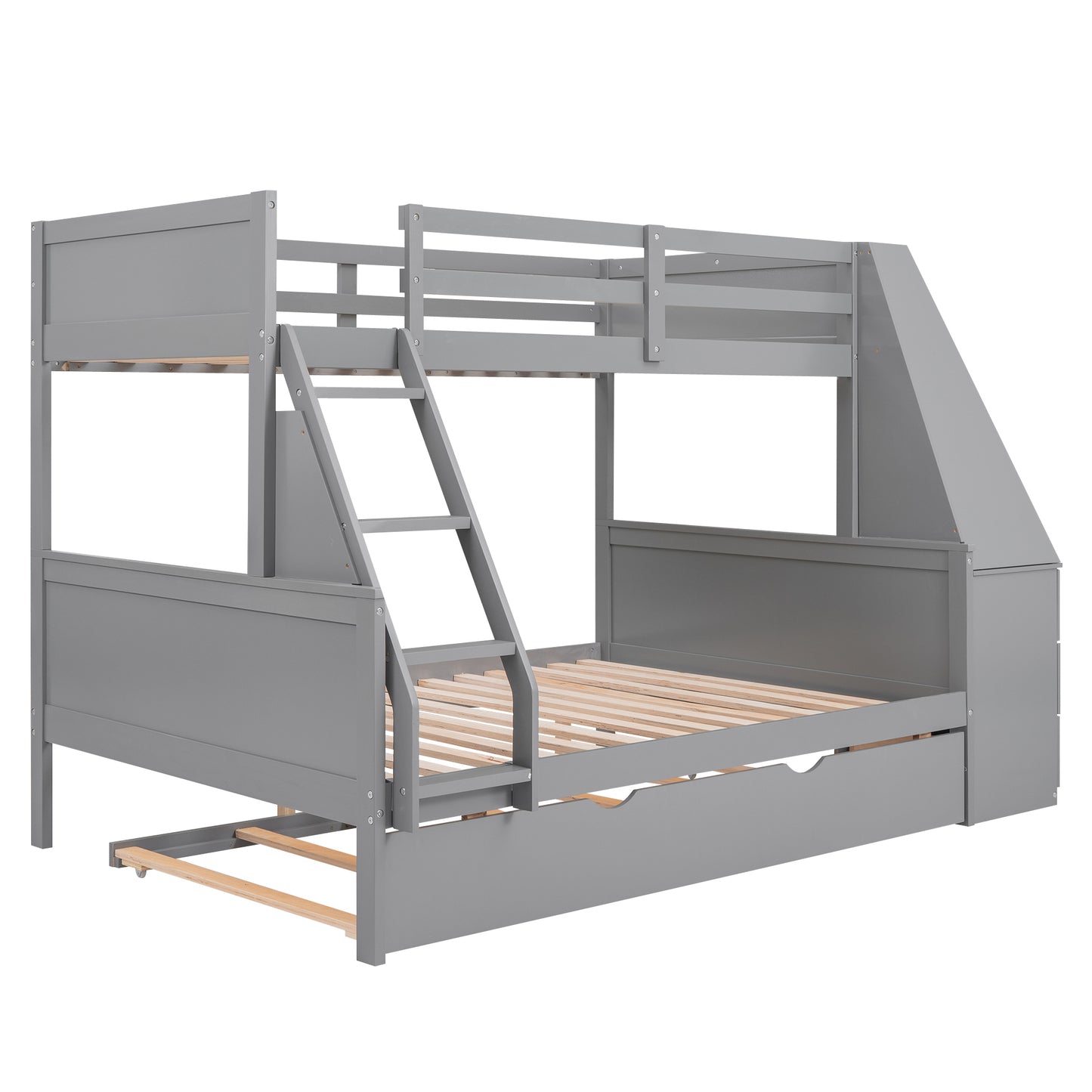 Enhanced Gray Twin over Full Bunk Bed with Trundle, Desk, and Storage