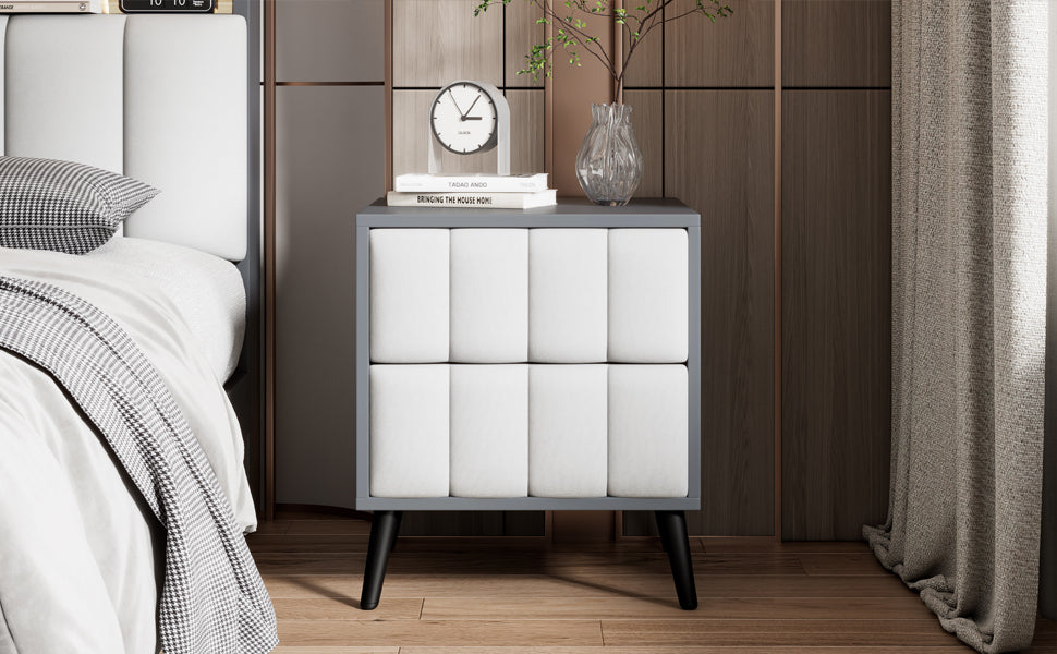 2-Drawer Nightstand for Bedroom, Mordern Wood+Linen Bedside Table with Classic Design,Gray+White