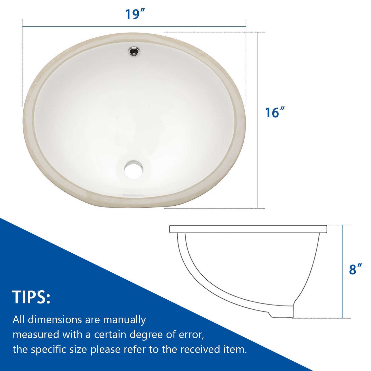 19"x16" Oval Shape Undermount Bathroom Sink Modern Pure White Porcelain Ceramic Lavatory Vanity Sink Basin with Overflow