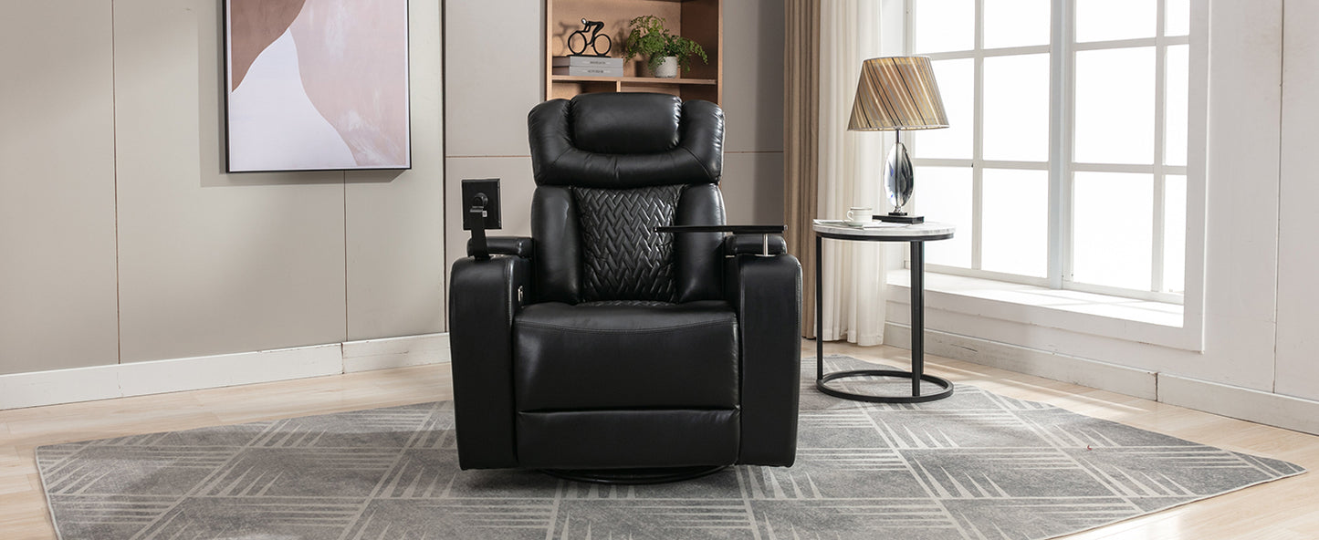 Luxury Black Swivel Recliner Chair with Tray Table, Phone Holder, and USB Port