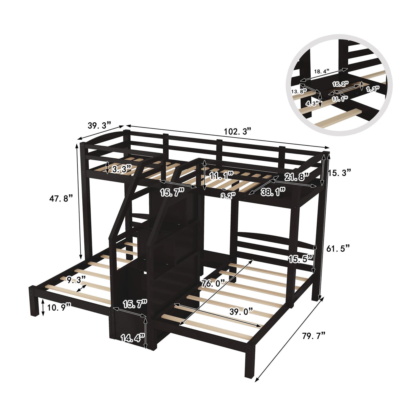 Espresso Triple Bunk Bed with Staircase and Storage Drawers