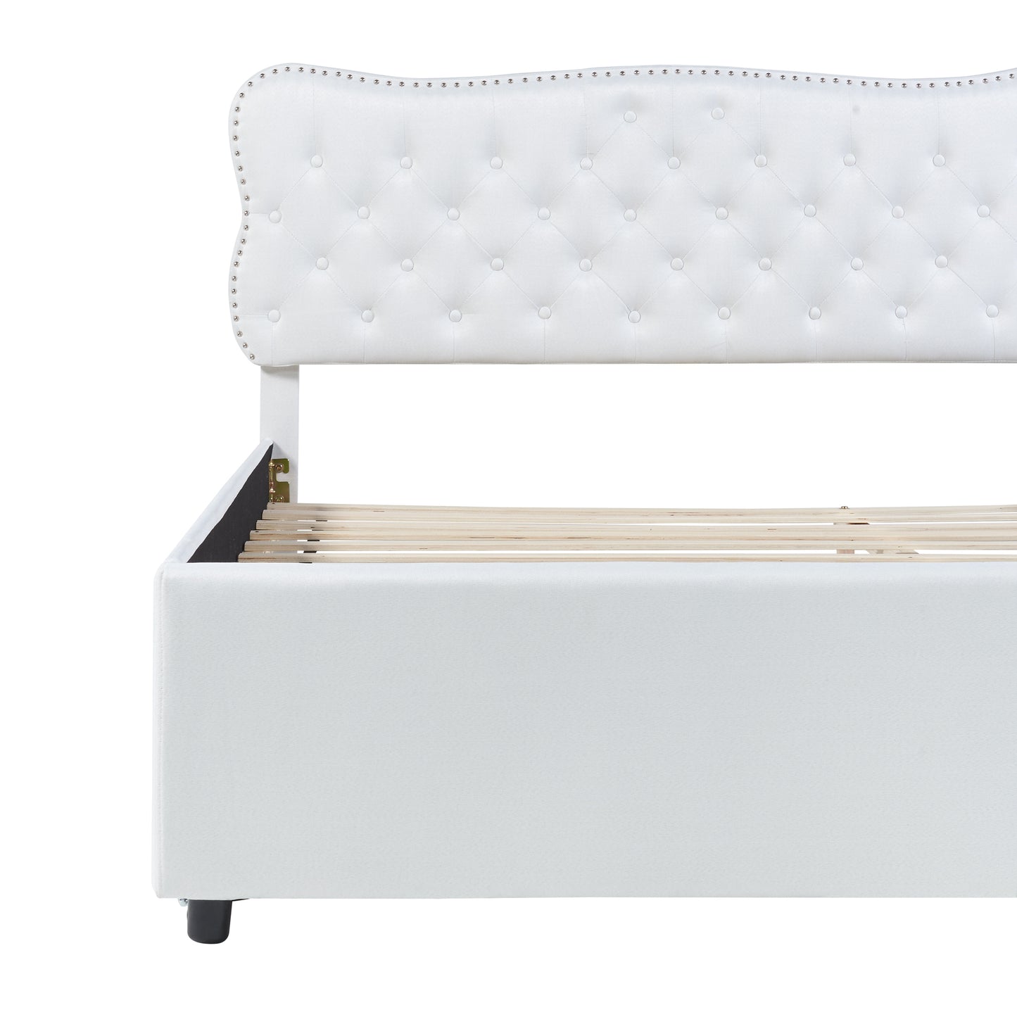 Queen Size Upholstery Platform Bed with Storage Drawers and Trundle,White