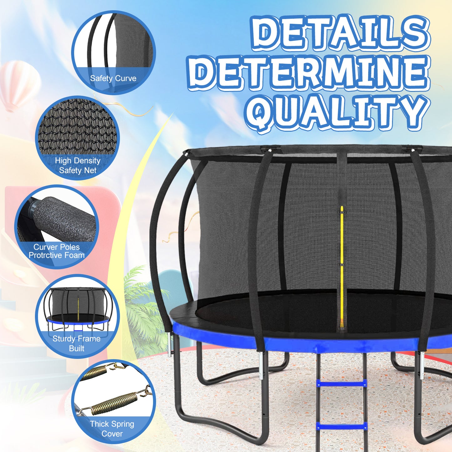 14-Foot Black and Blue Outdoor Trampoline for Kids with Safety Net, Ladder, and PVC Padding