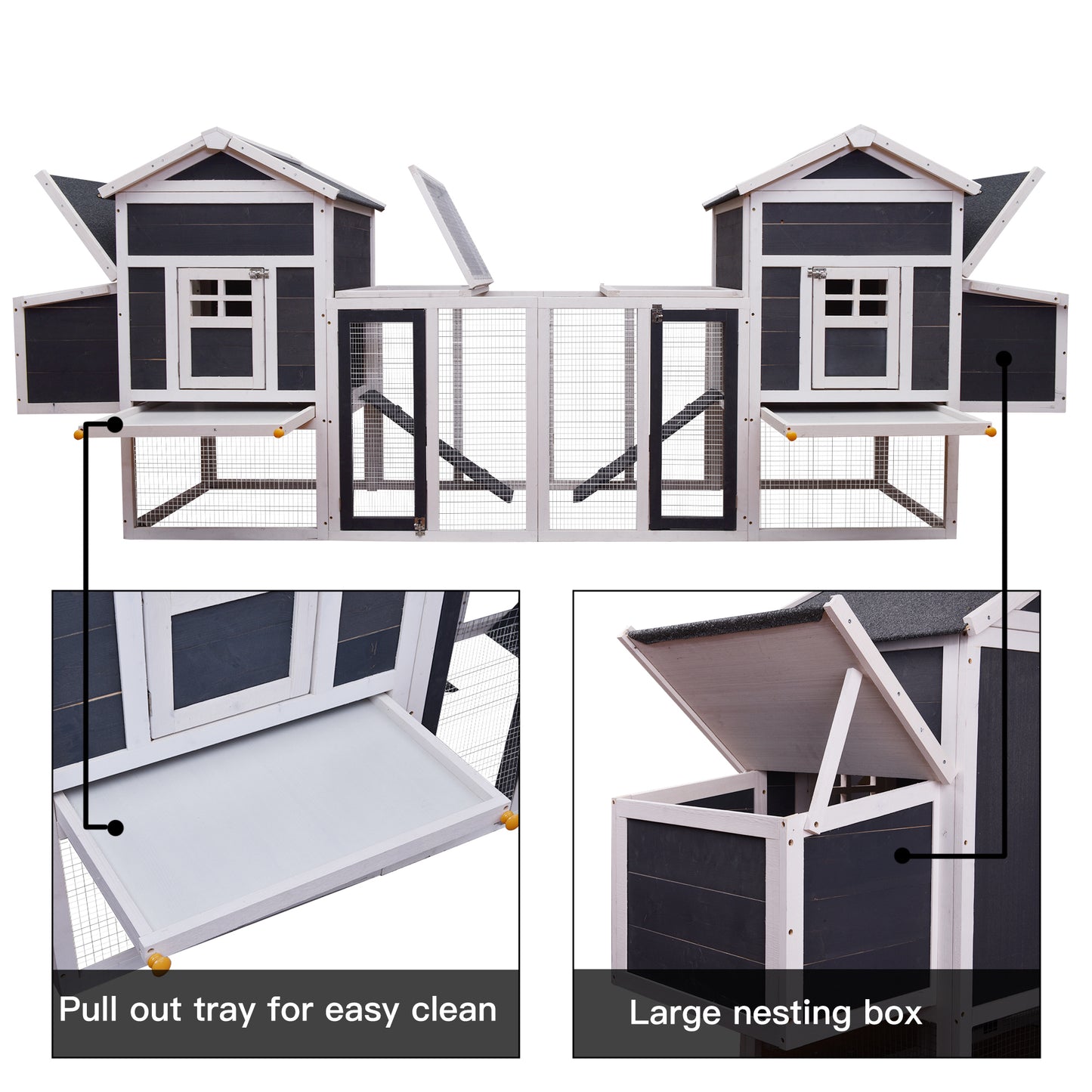 Outdoor Wooden Chicken Coop, 124" Large Hen Cage Rabbit House, Bunny Hutch with Ventilation Door, Removable Ramp Garden Backyard Pet House Chicken Nesting Box (Gray+White)