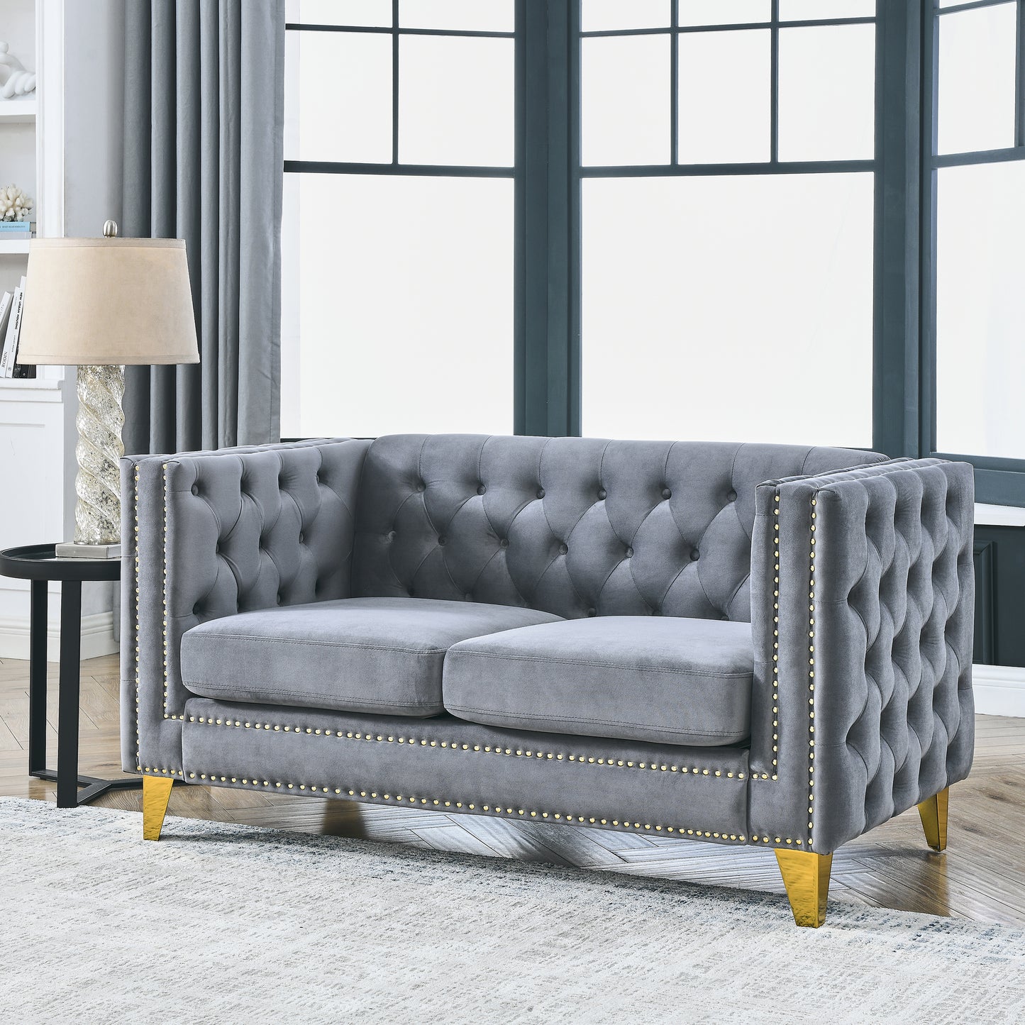 Velvet Sofa for Living Room,Buttons Tufted Square Arm Couch, Modern Couch Upholstered Button and Metal Legs, Sofa Couch for Bedroom, Grey Velvet-2S