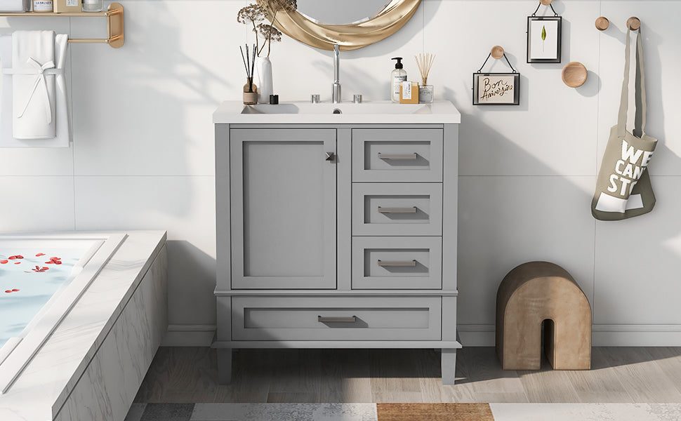 30" Bathroom Vanity , Modern Bathroom Cabinet with Sink Combo Set, Bathroom Storage Cabinet with a Soft Closing Door and 3 Drawers, Solid Wood Frame(Grey)