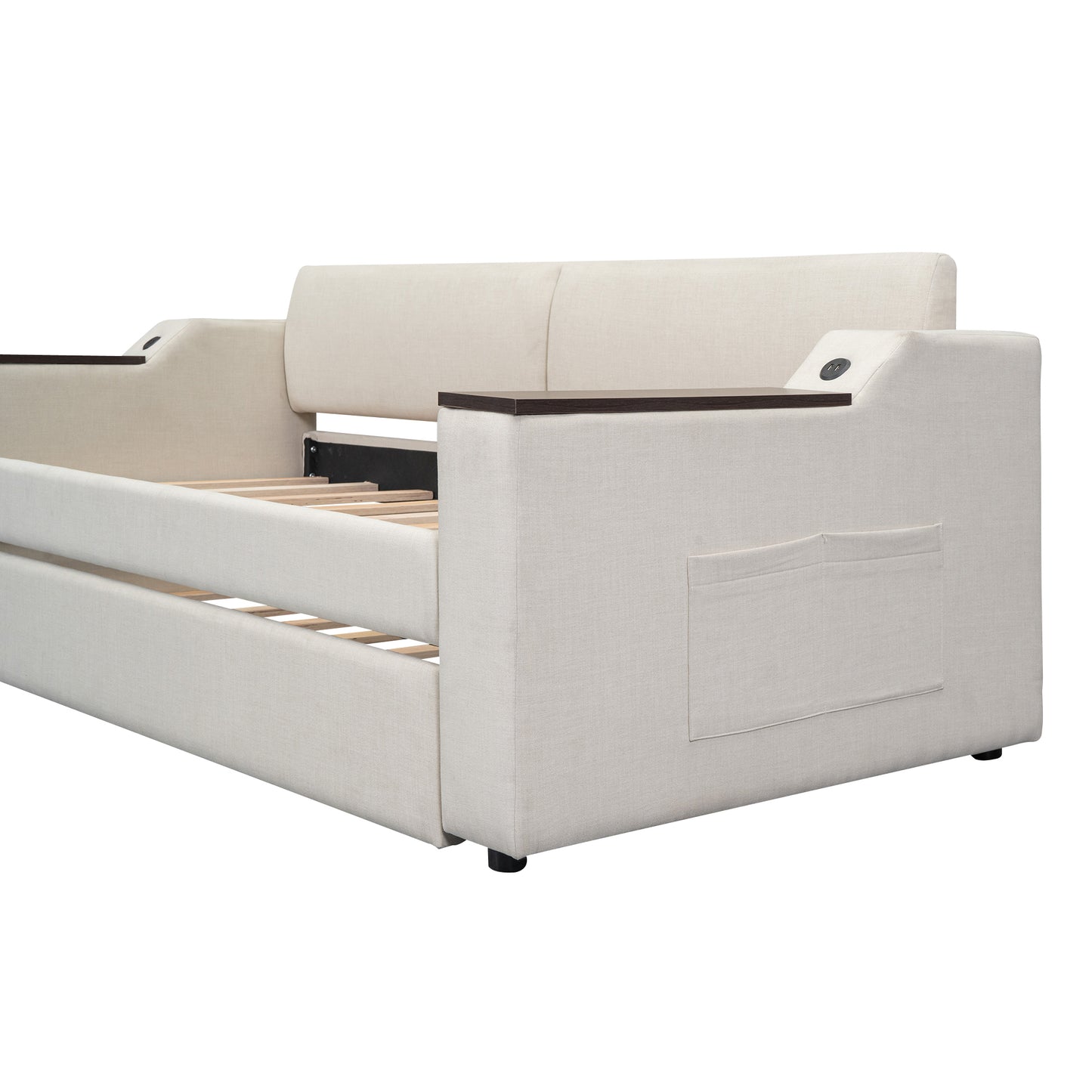 Twin Size Upholstery Daybed with Storage Arms, Trundle and USB Design, Beige