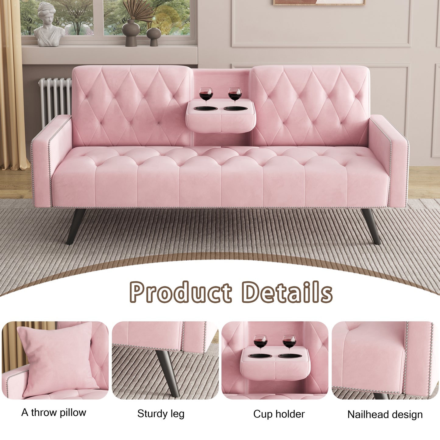 72 Pink Velvet Sofa Bed with Nail Head Trim and Two Cup Holders for Small Spaces