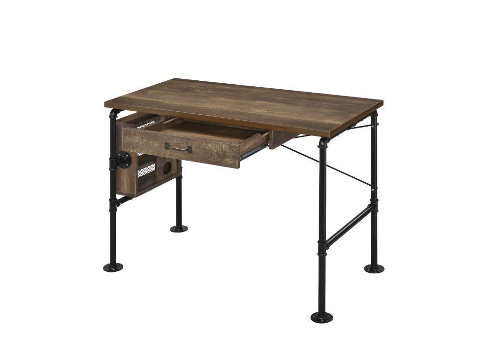 Oak and Black Industrial Writing Desk with Storage Shelf