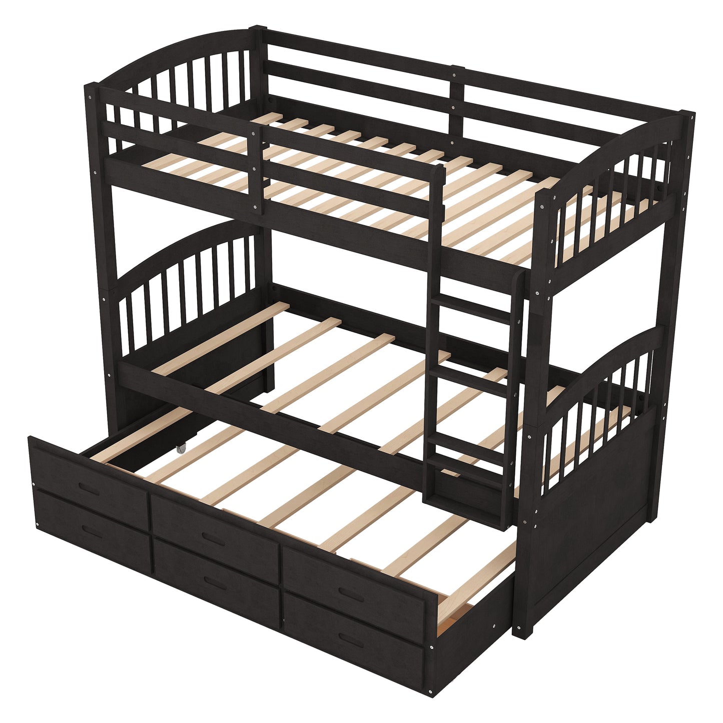 Espresso Twin Wood Bunk Bed with Trundle, Drawers, and Staircase