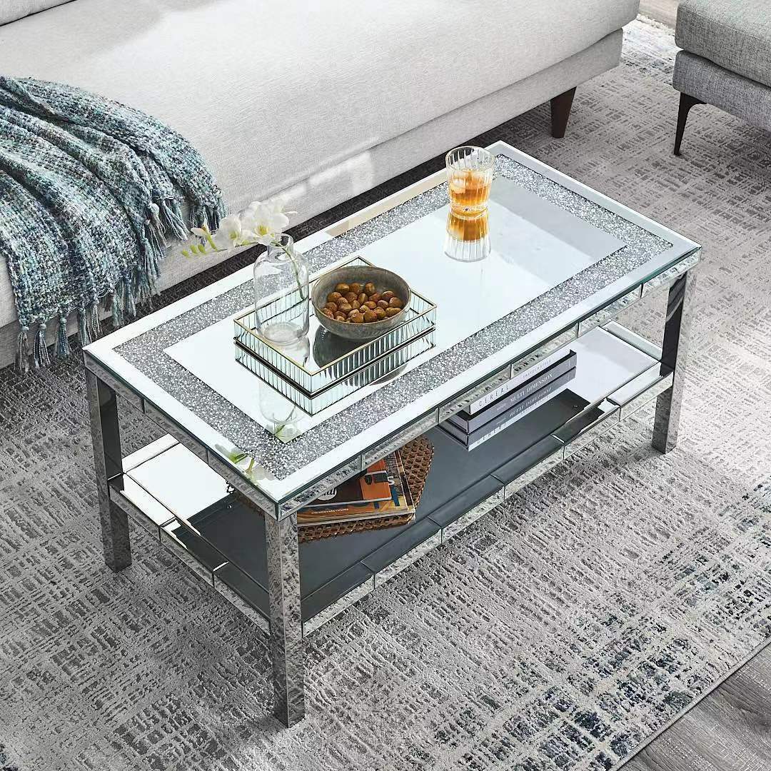 Elegant 2-Layer Crystal Mirror Stainless Steel Coffee Table for Various Spaces