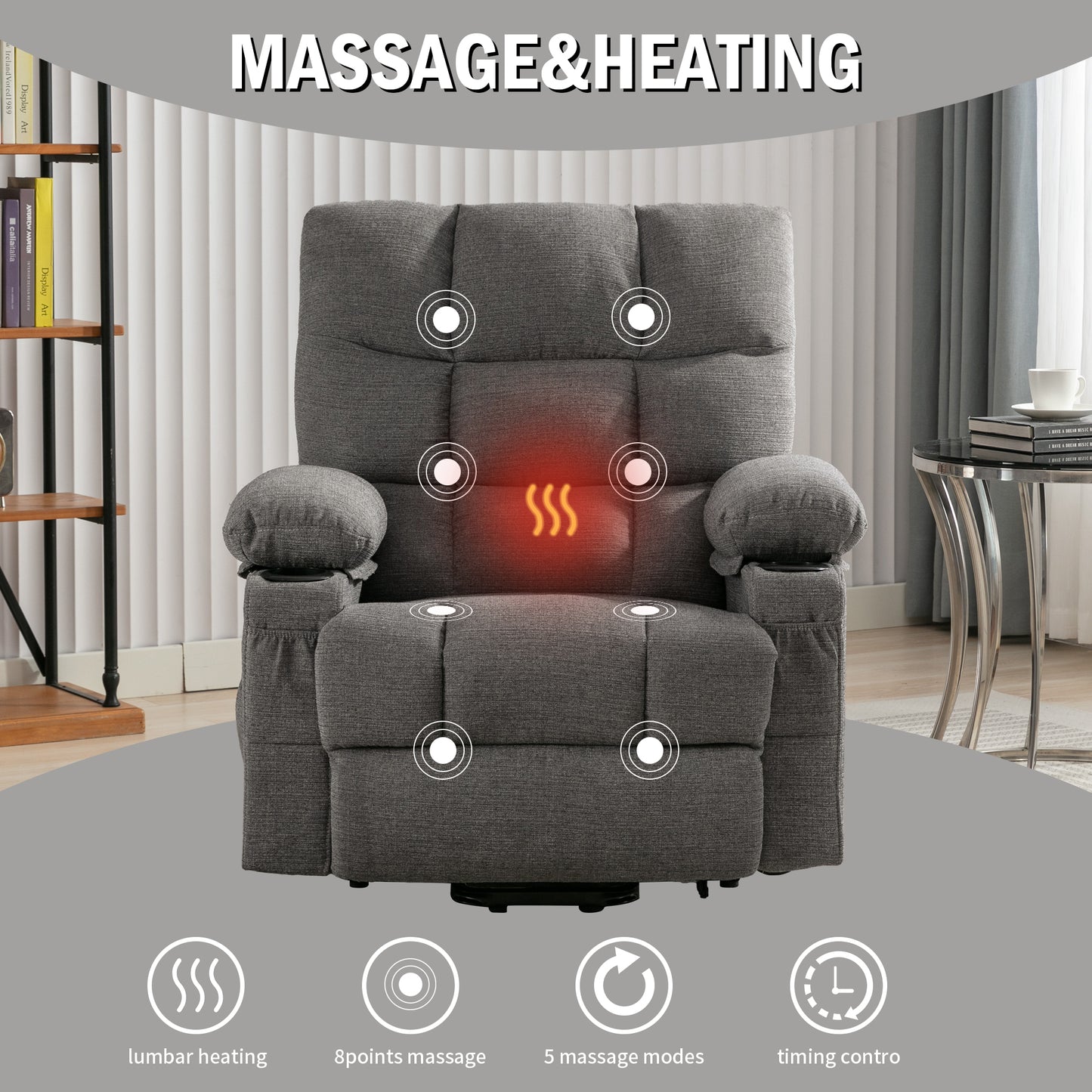 Comfortable Smoke Grey Power Lift Recliner Chair for the Elderly with Heat and Massage