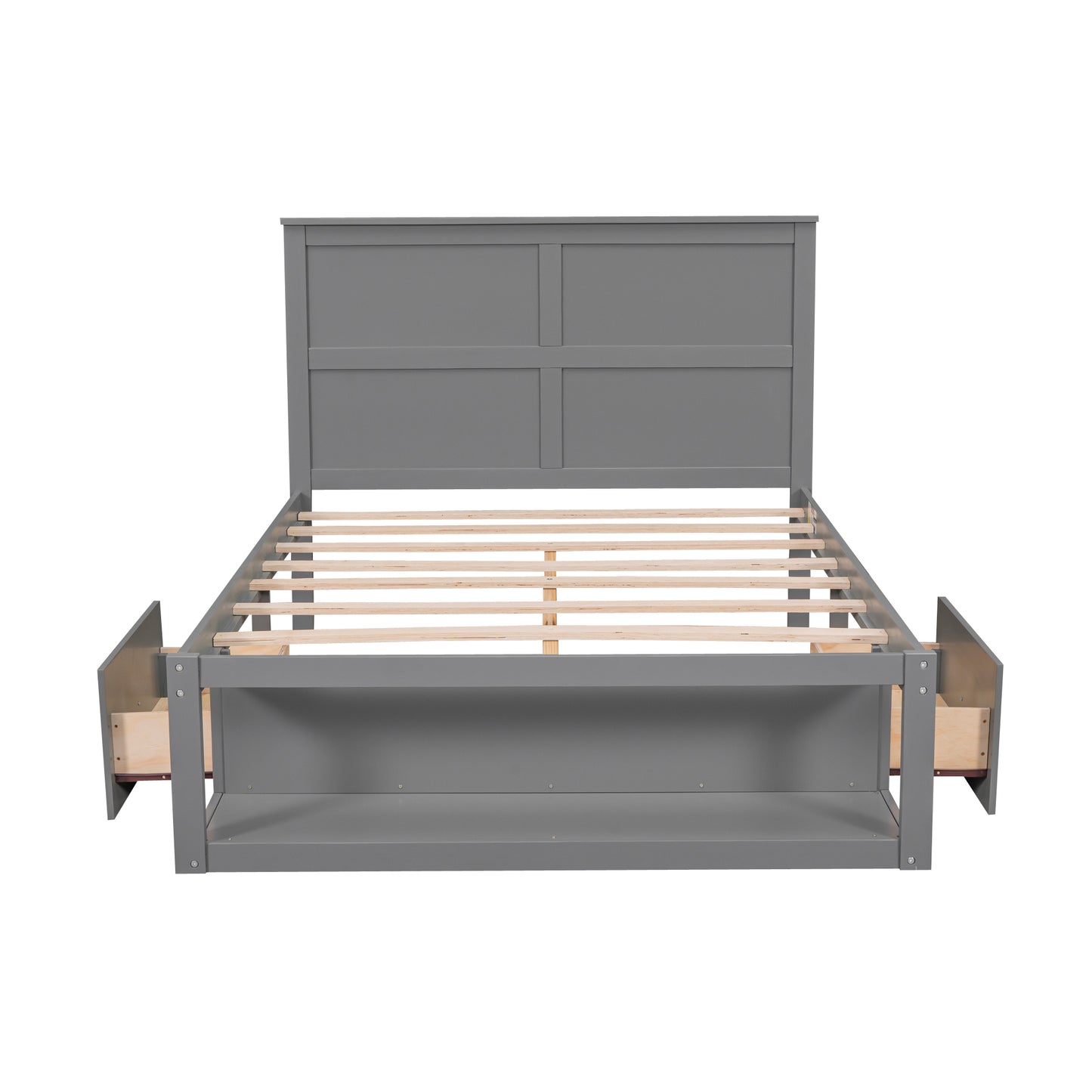 Full Size Platform Bed with Drawer on the Each Side and Shelf on the End of the Bed, Gray