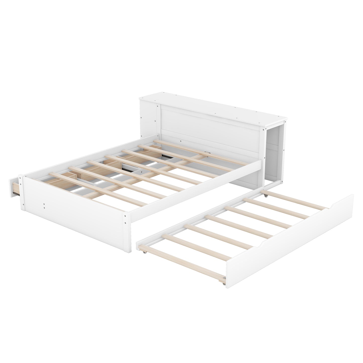 Full Size Platform Bed With a Rolling Shelf, White