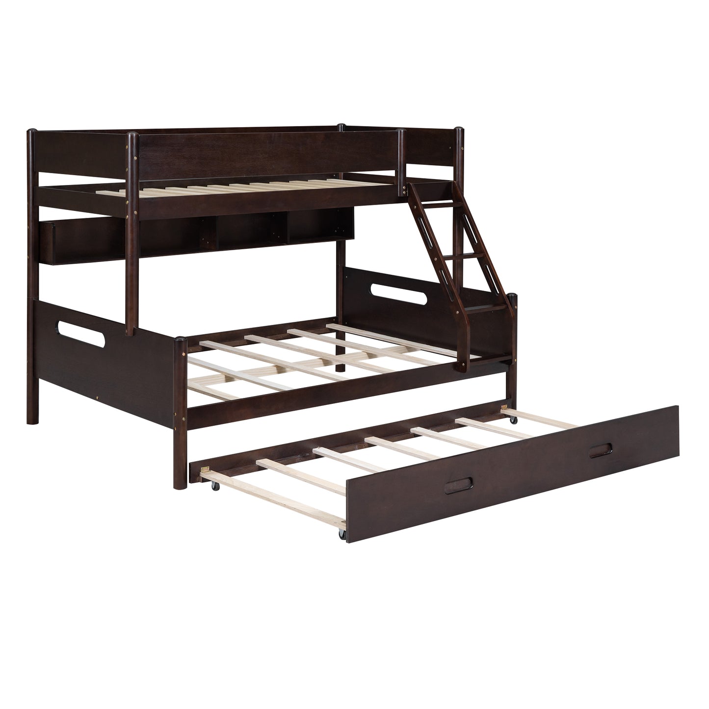 Espresso Wood Bunk Bed with Twin Over Full, Storage Shelves, Trundle, and Sturdy Construction