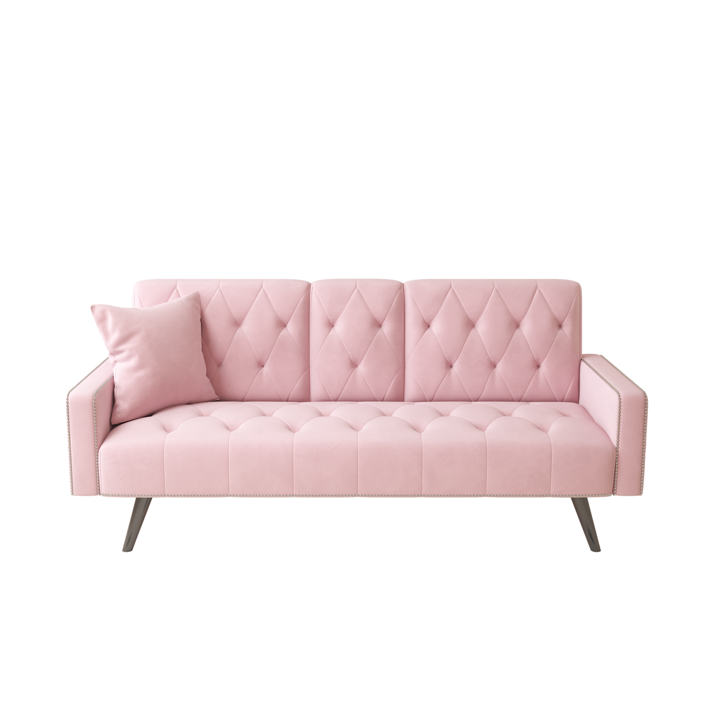 72 Pink Velvet Sofa Bed with Nail Head Trim and Two Cup Holders for Small Spaces