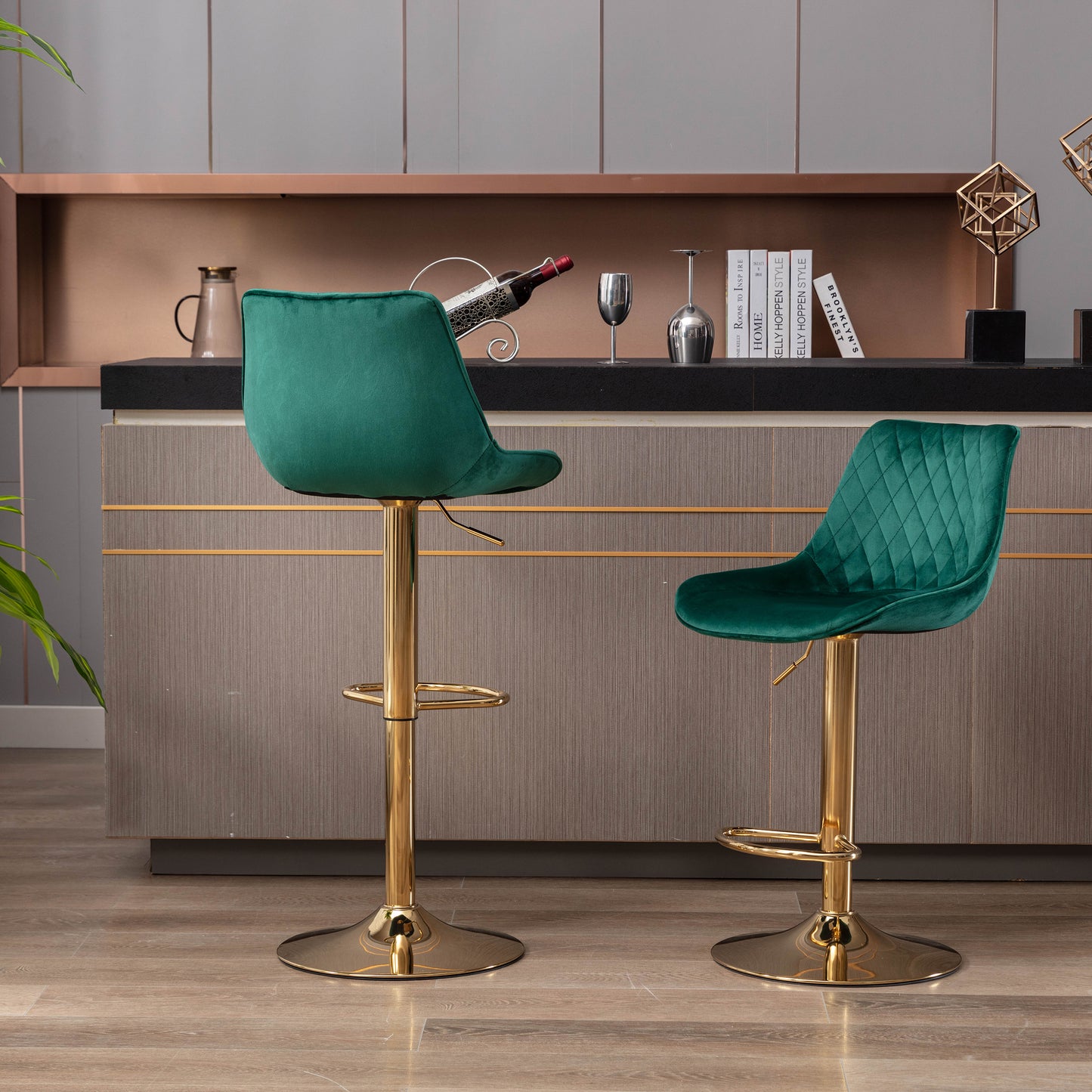 Set of 2  Bar Stools,with Chrome Footrest and Base Swivel Height Adjustable Mechanical Lifting Velvet + Golden Leg Simple Bar Stool-green