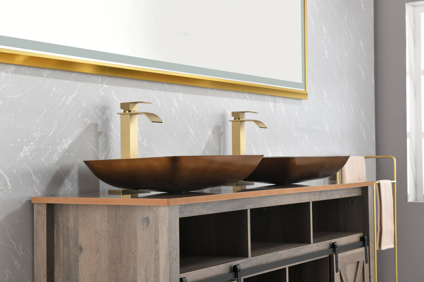 Gold Glass Rectangular Vessel Bathroom Sink Set with Faucet and Pop-Up Drain