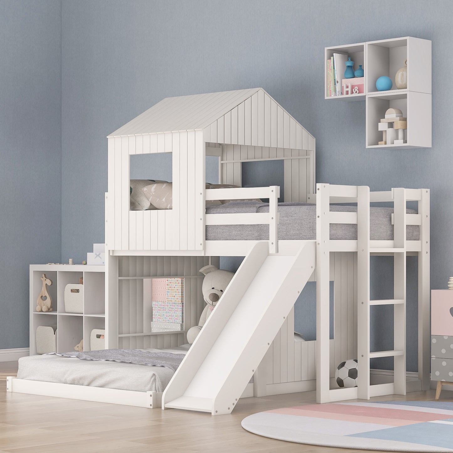 White Wooden Bunk Bed with Playhouse and Slide - Farmhouse Style